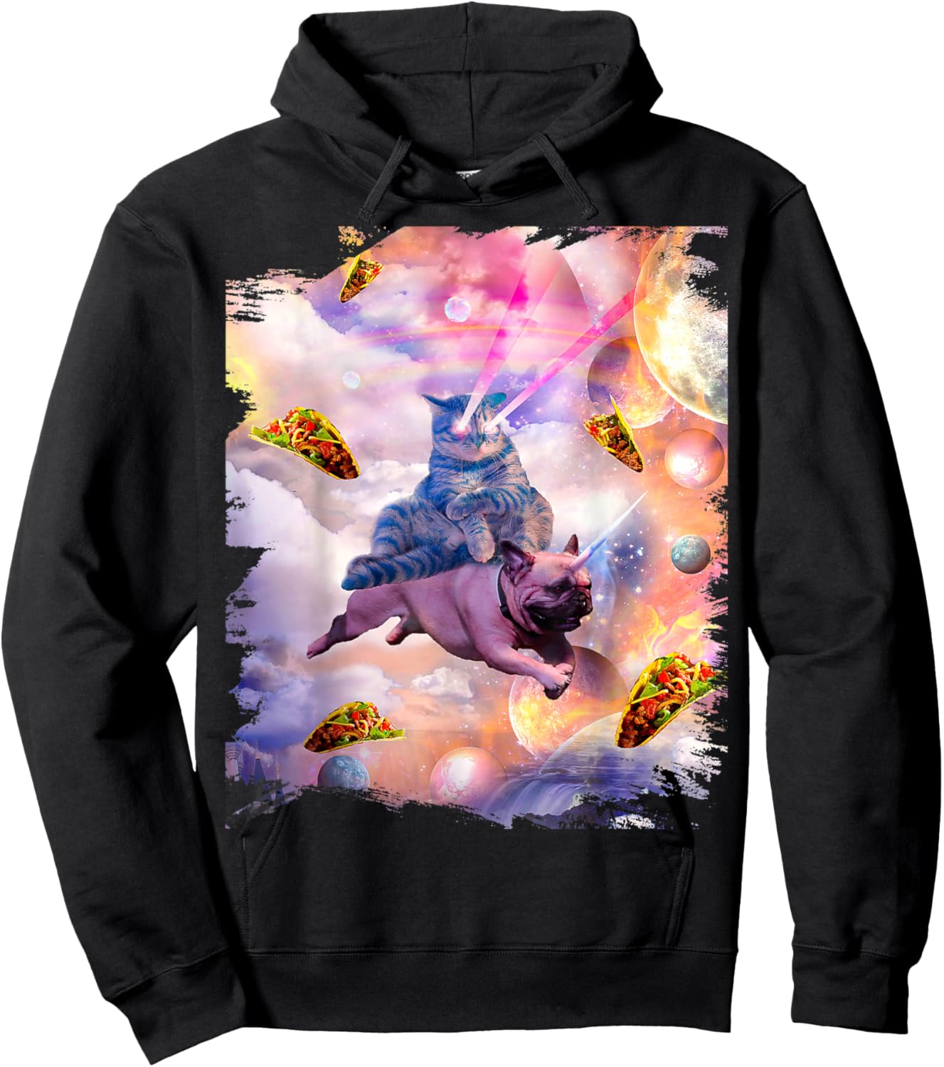 Cosmic Laser Cat Riding Unicorn Pug Hoodie - Hoodie | Black