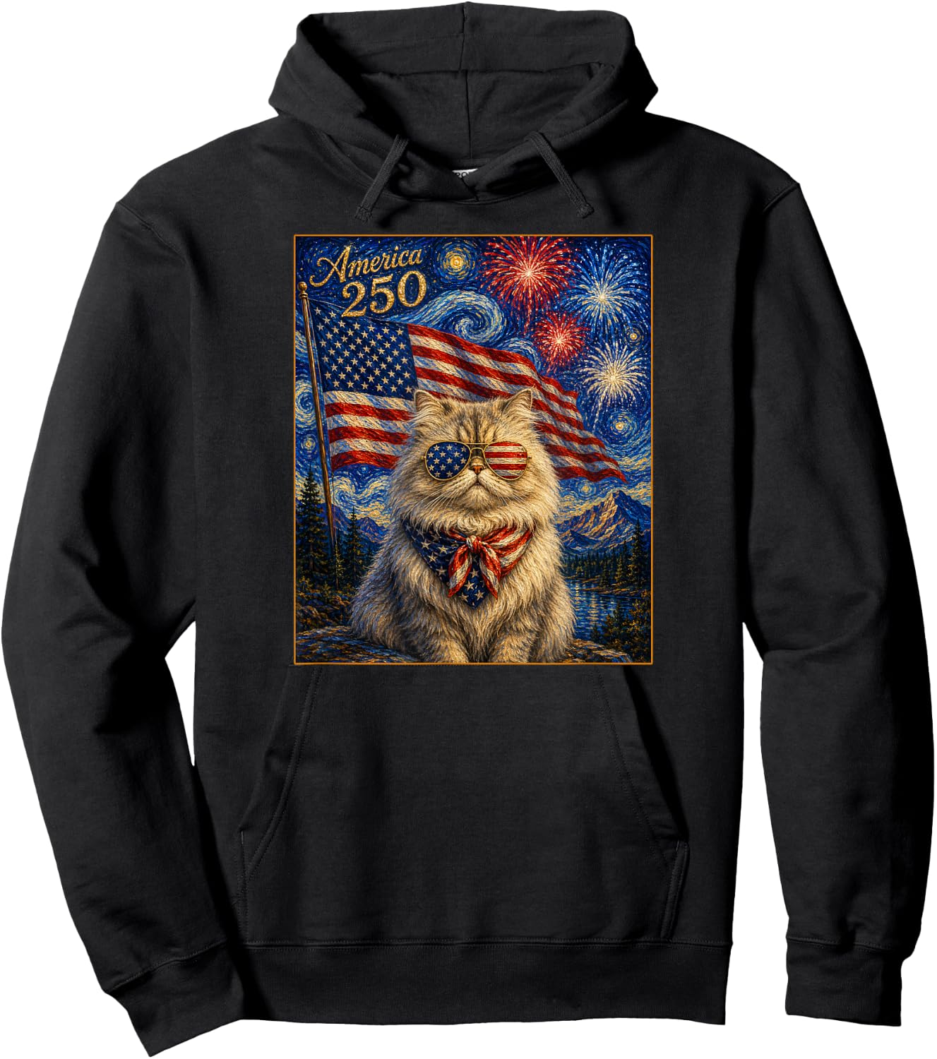 Persian Cat Art America 250 Anniversay 4th of July USA Flag Hoodie - Hoodie | Black