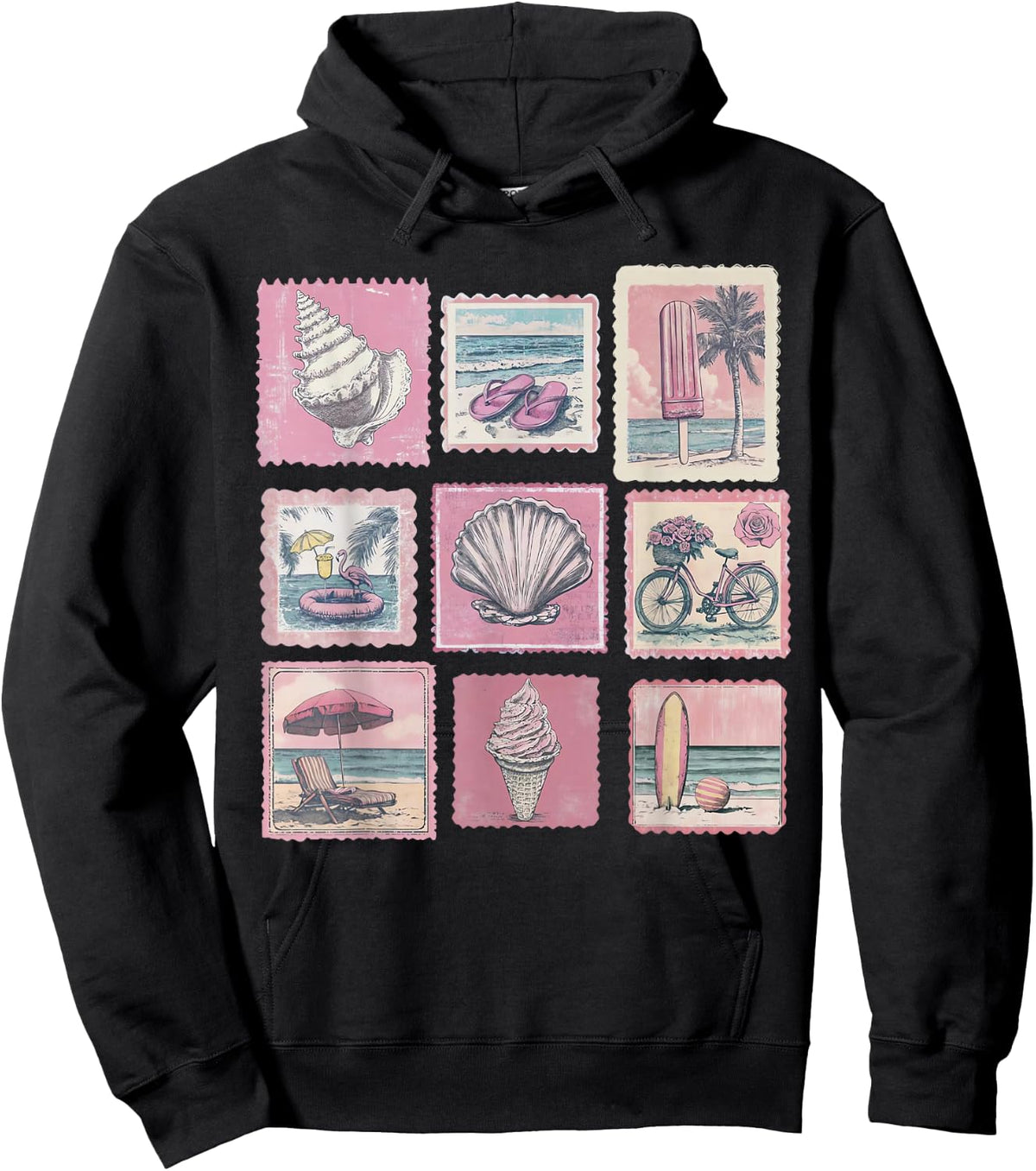 Vintage Pink Coastal Beach Summer Vacation Stamps Sea Lovers Hoodie - Hoodie | Black