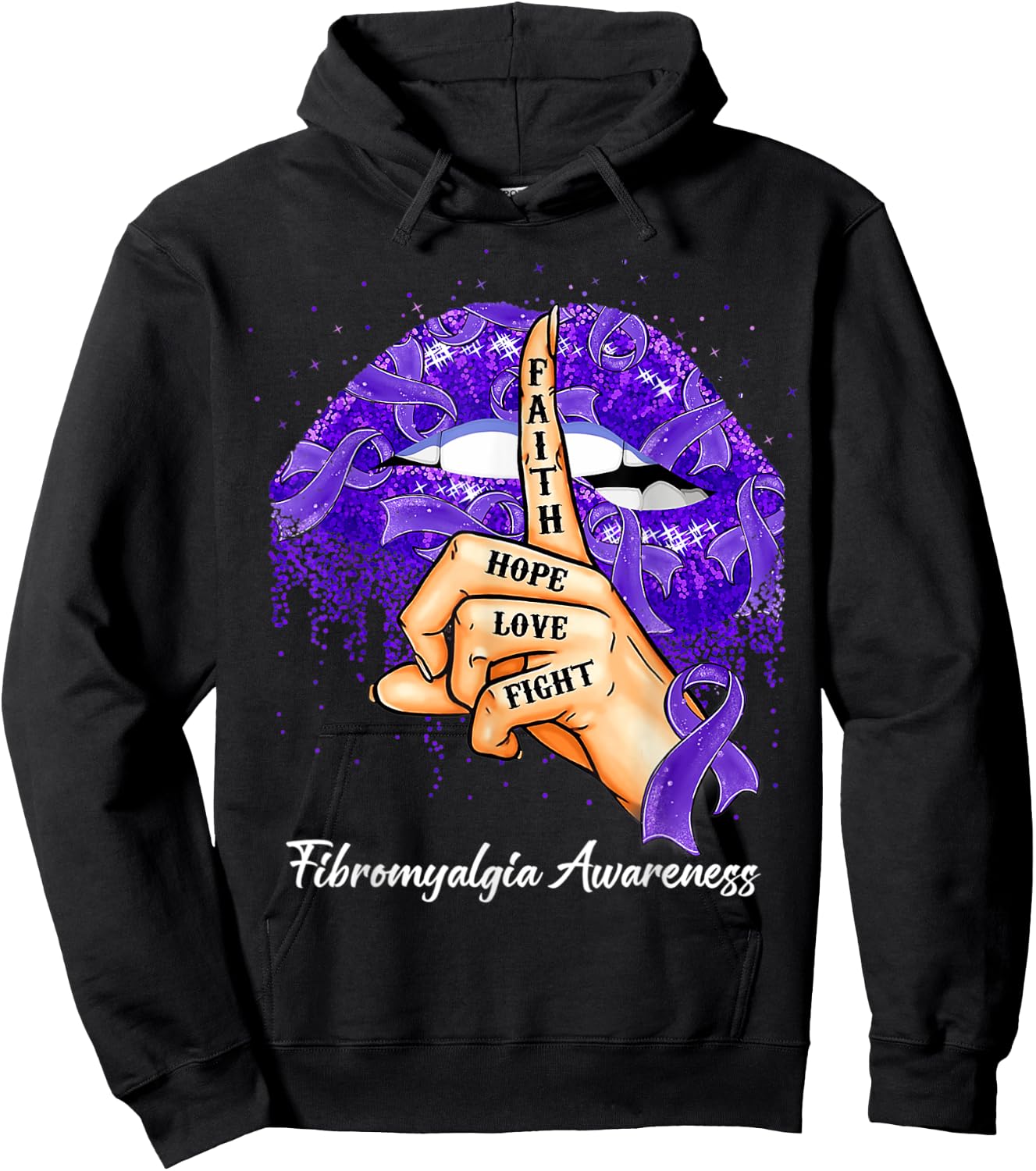 Faith Hope Love Fight Purple Ribbon Fibromyalgia Awareness Hoodie - Hoodie | Black