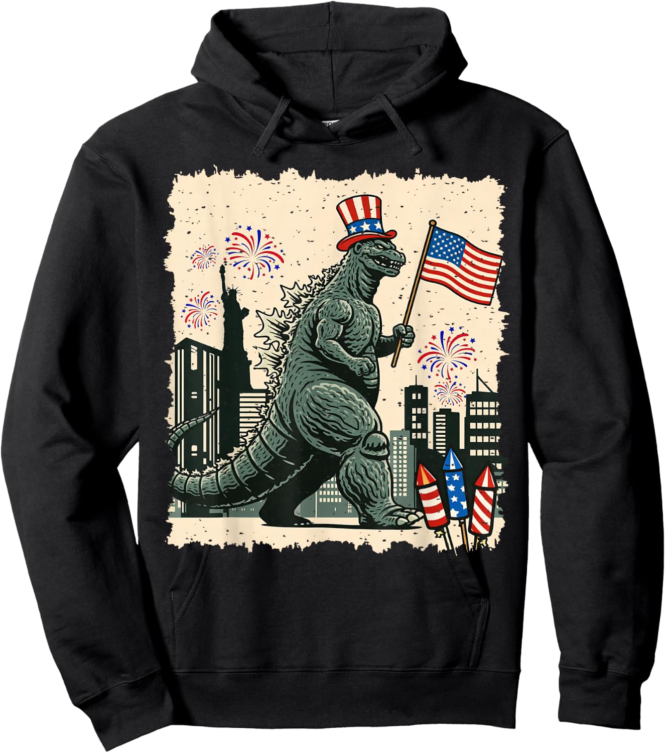 Kaiju Monster Japanese Art USA Flag Patriotic 4th of July Hoodie - Hoodie | Black
