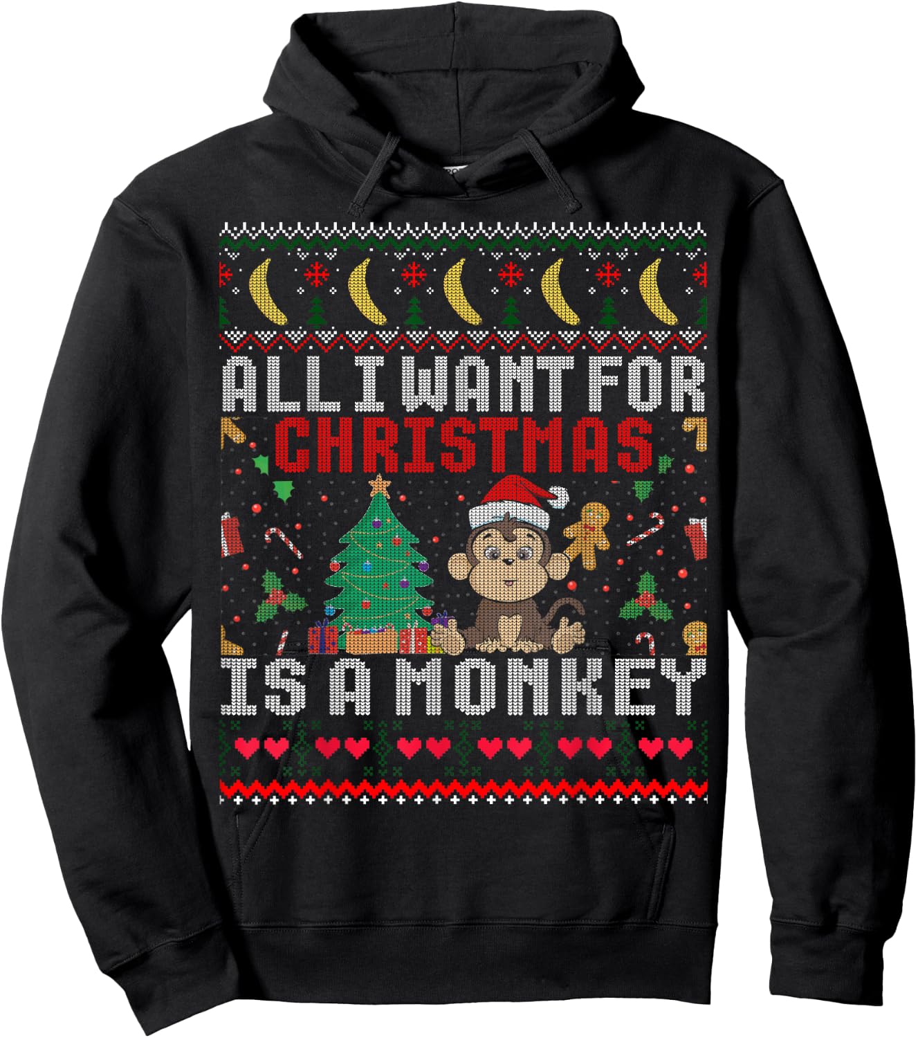 I Want For Christmas Is A Monkey Boy Girl Gift Ugly Sweater Hoodie - Hoodie | Black