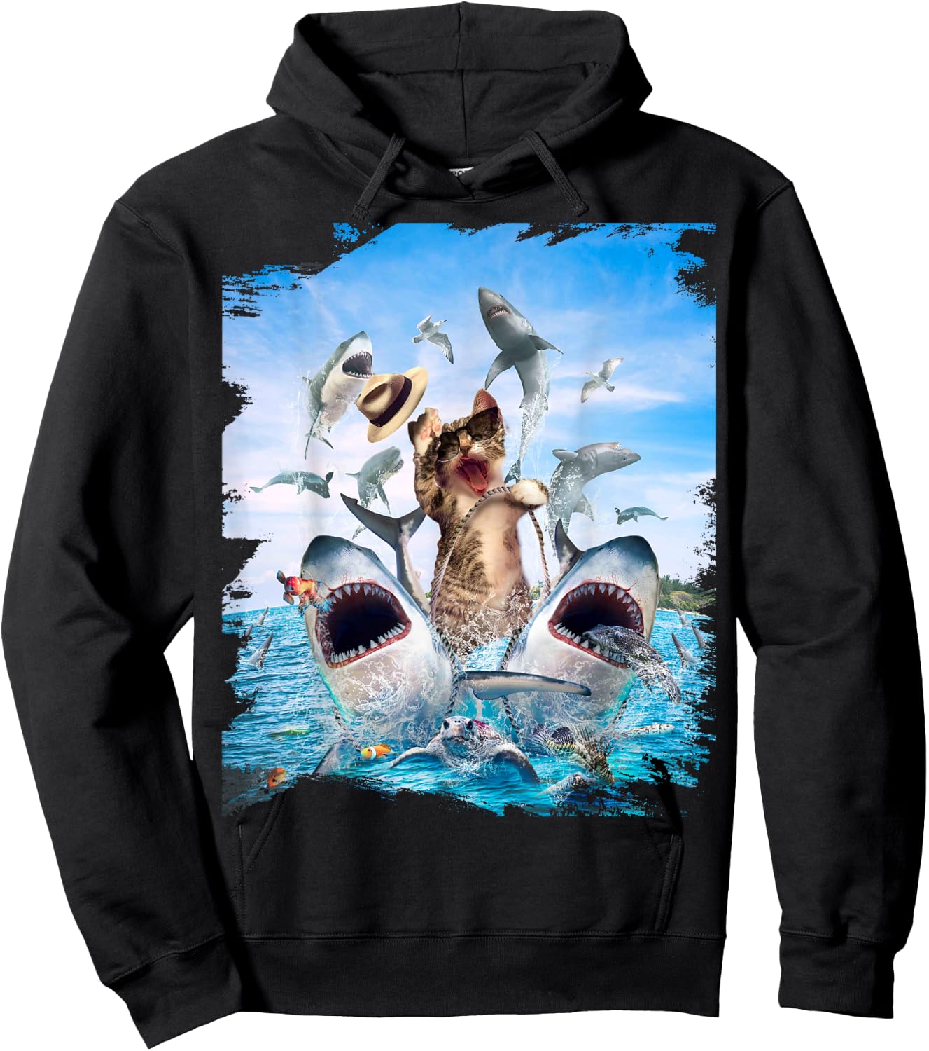 Cat Riding Shark, Beach Ocean Cats Sharks, Sunglasses Funny Hoodie - Hoodie | Black