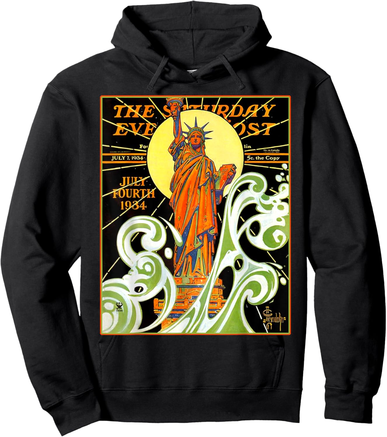 Lady Liberty Statue Of Liberty Waves NYC New York Vintage Hoodie - Hoodie | Black