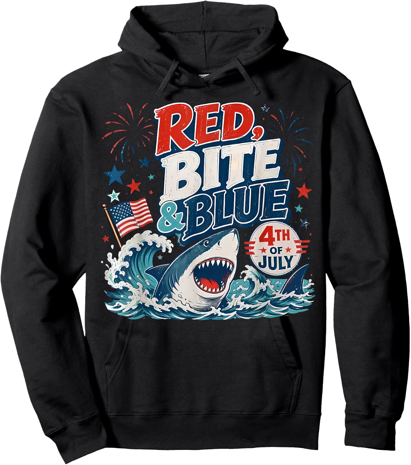 Red Bite & Blue Shark Funny 4th of July Patriotic Summer Hoodie - Hoodie | Black