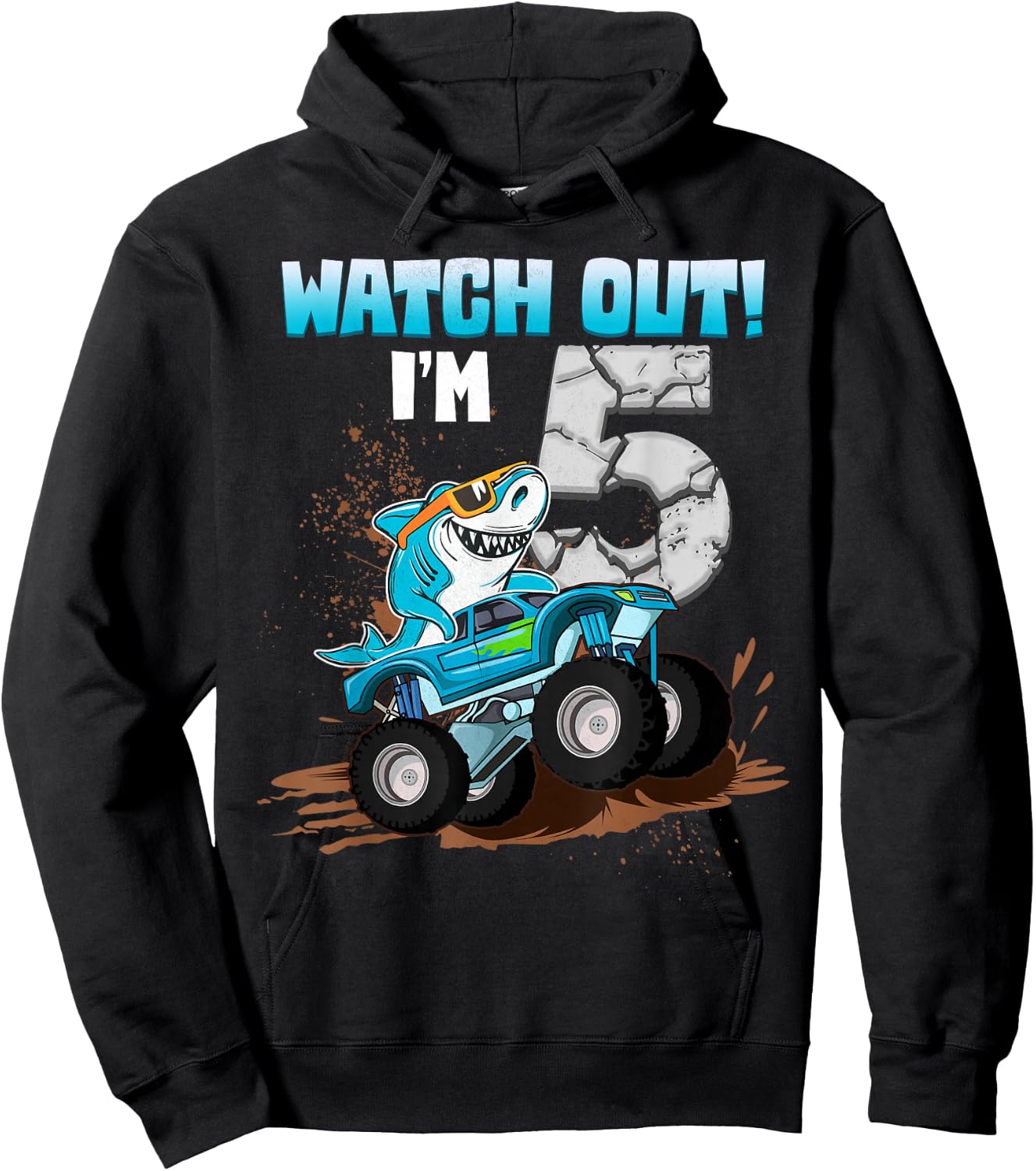 5 Years Old 5th Birthday Shark Boy Girl Monster Truck Gamer Hoodie - Hoodie | Black