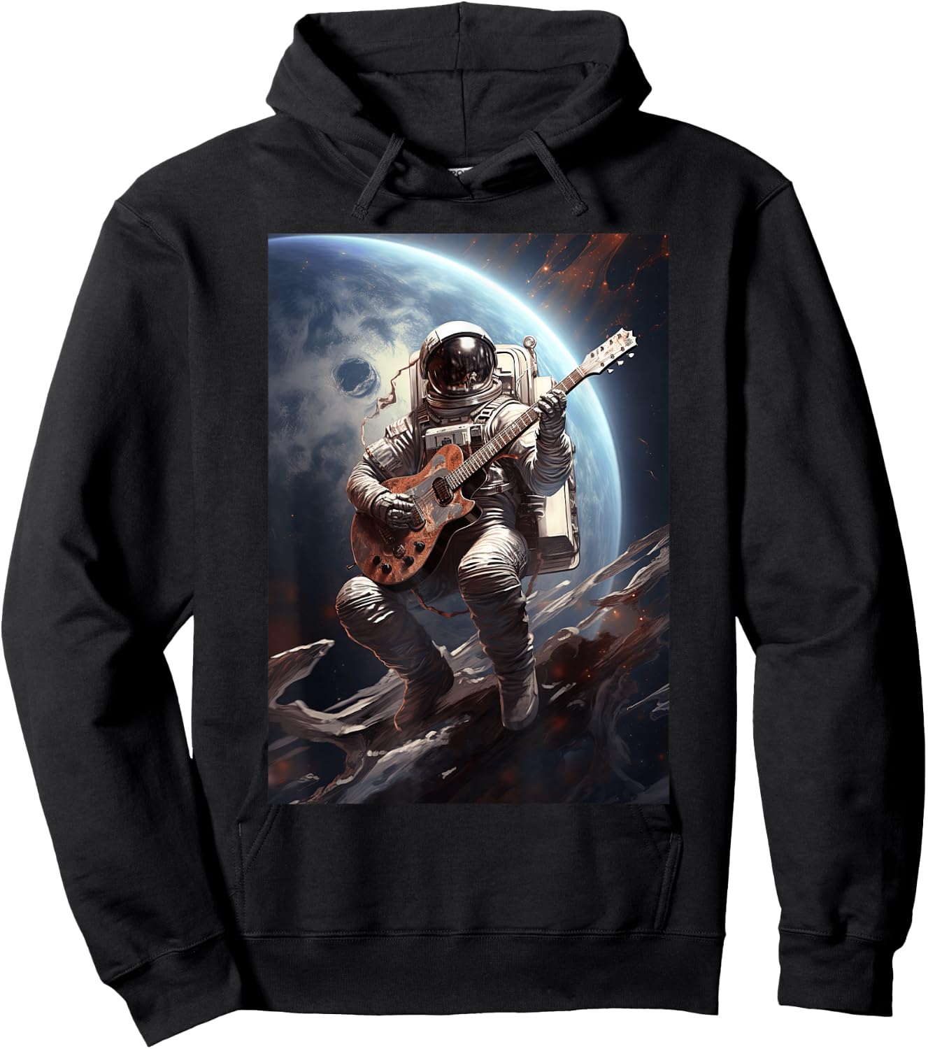 Astronaut Playing Guitar With A Space With Spaceship Hoodie - Hoodie | Black