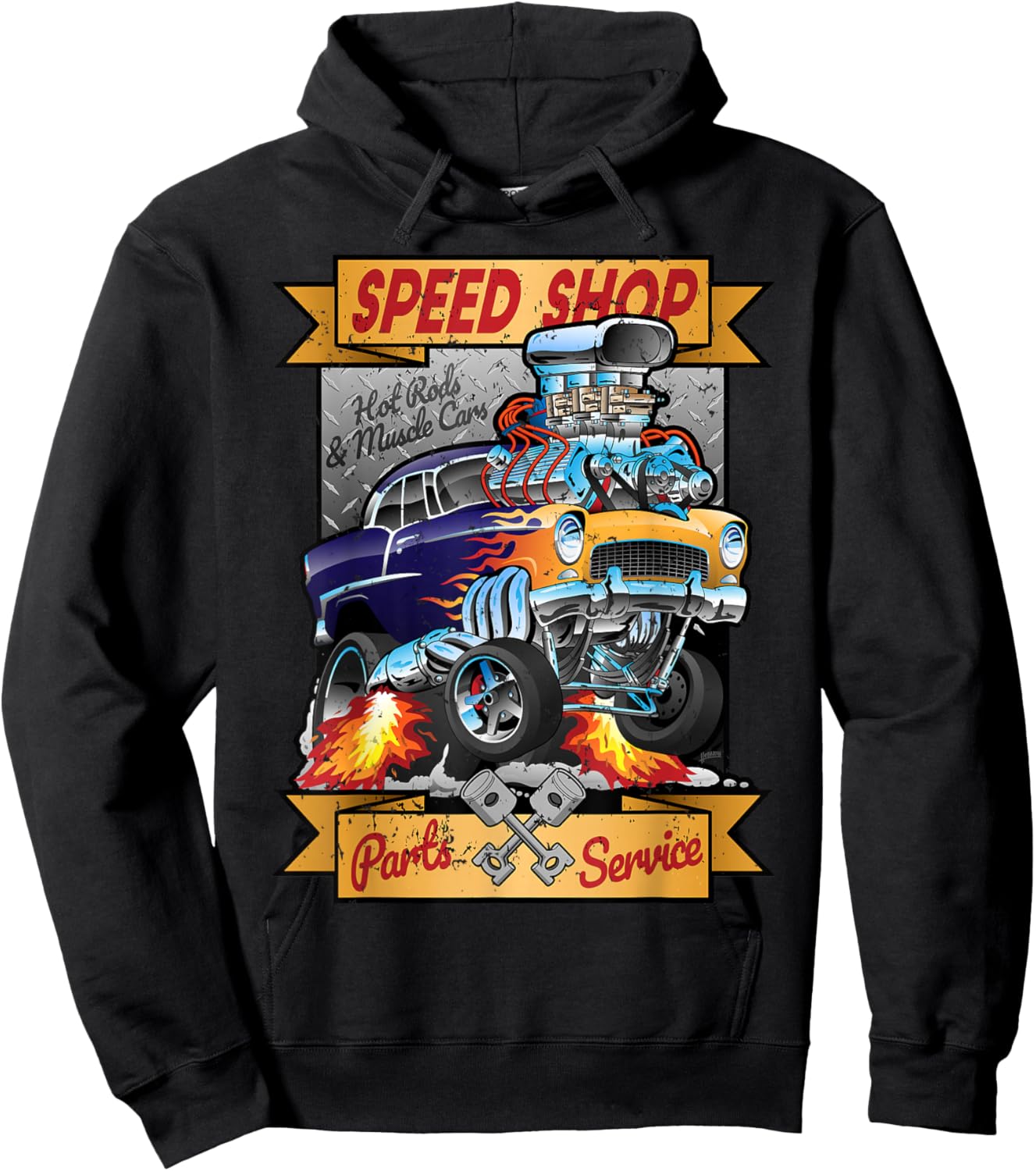 Retro Speed Shop Hotrod Classic Muscle Car Cartoon Graphic Hoodie - Hoodie | Black