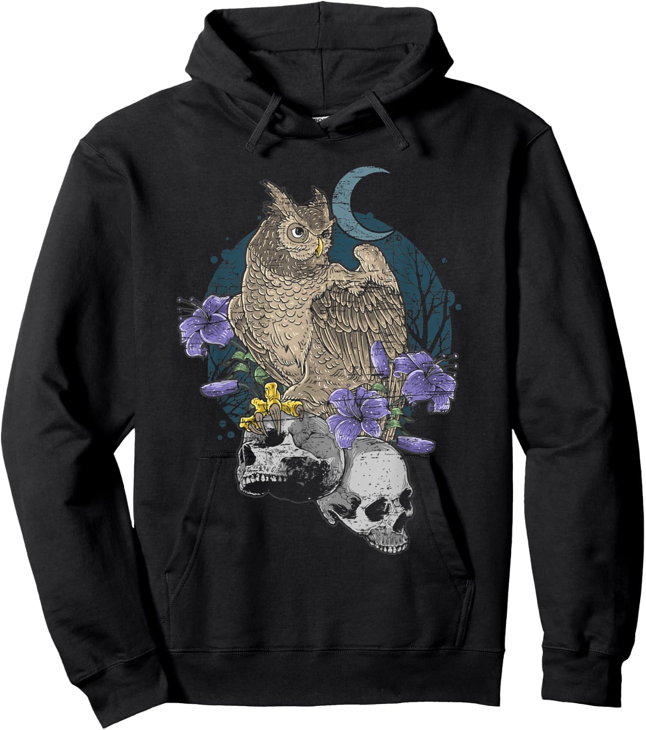 Owl on Skulls with Purple Flowers & Moon Distressed Design Hoodie - Hoodie | Black