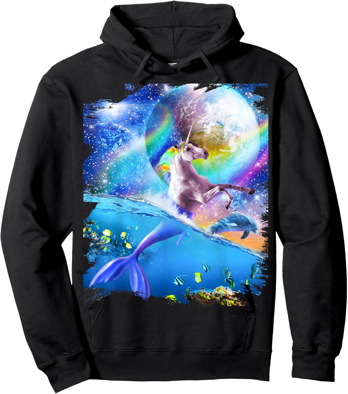 Rainbow Space Mermaid Unicorn, Mermicorn, Dolphin Hoodie - Hoodie | Black