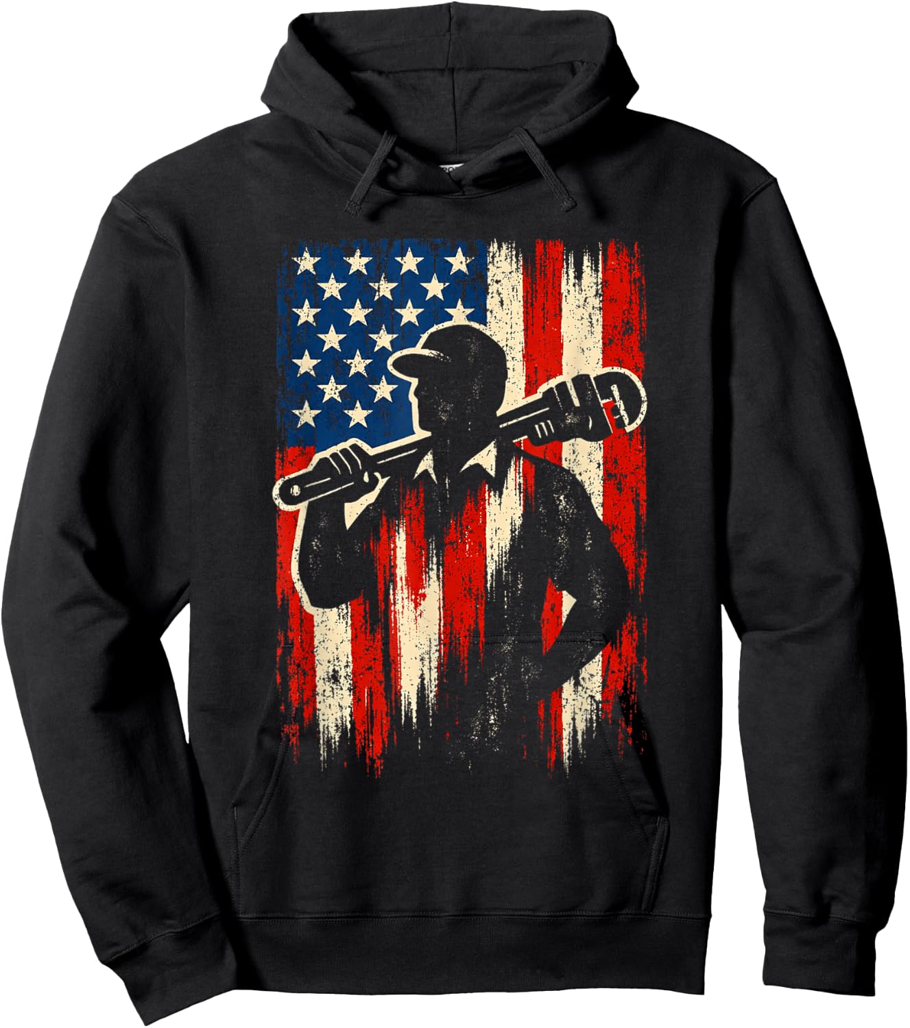 American Flag Plumber Pipefitter Silhouette Pipe Wrench Hoodie - Hoodie | Black