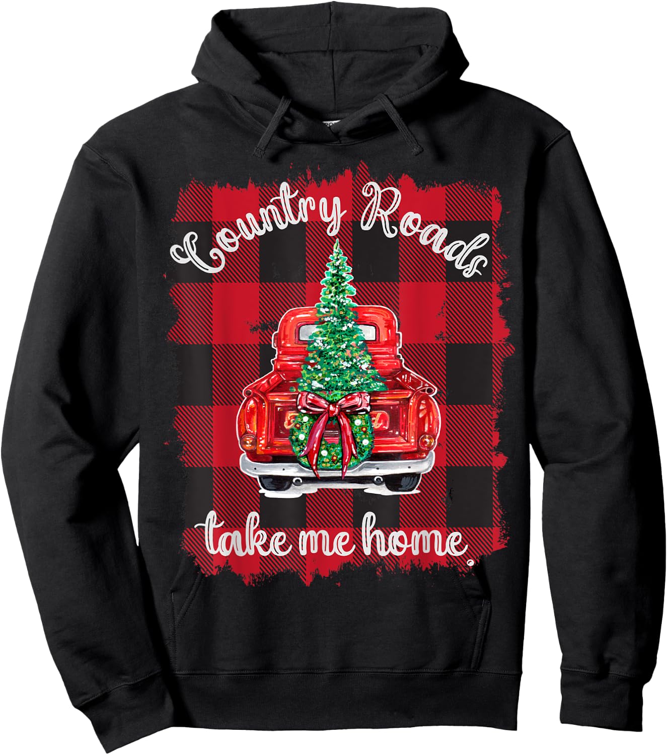 Christmas Buffalo Truck Red Plaid Country Roads Take Me Home Hoodie - Hoodie | Black