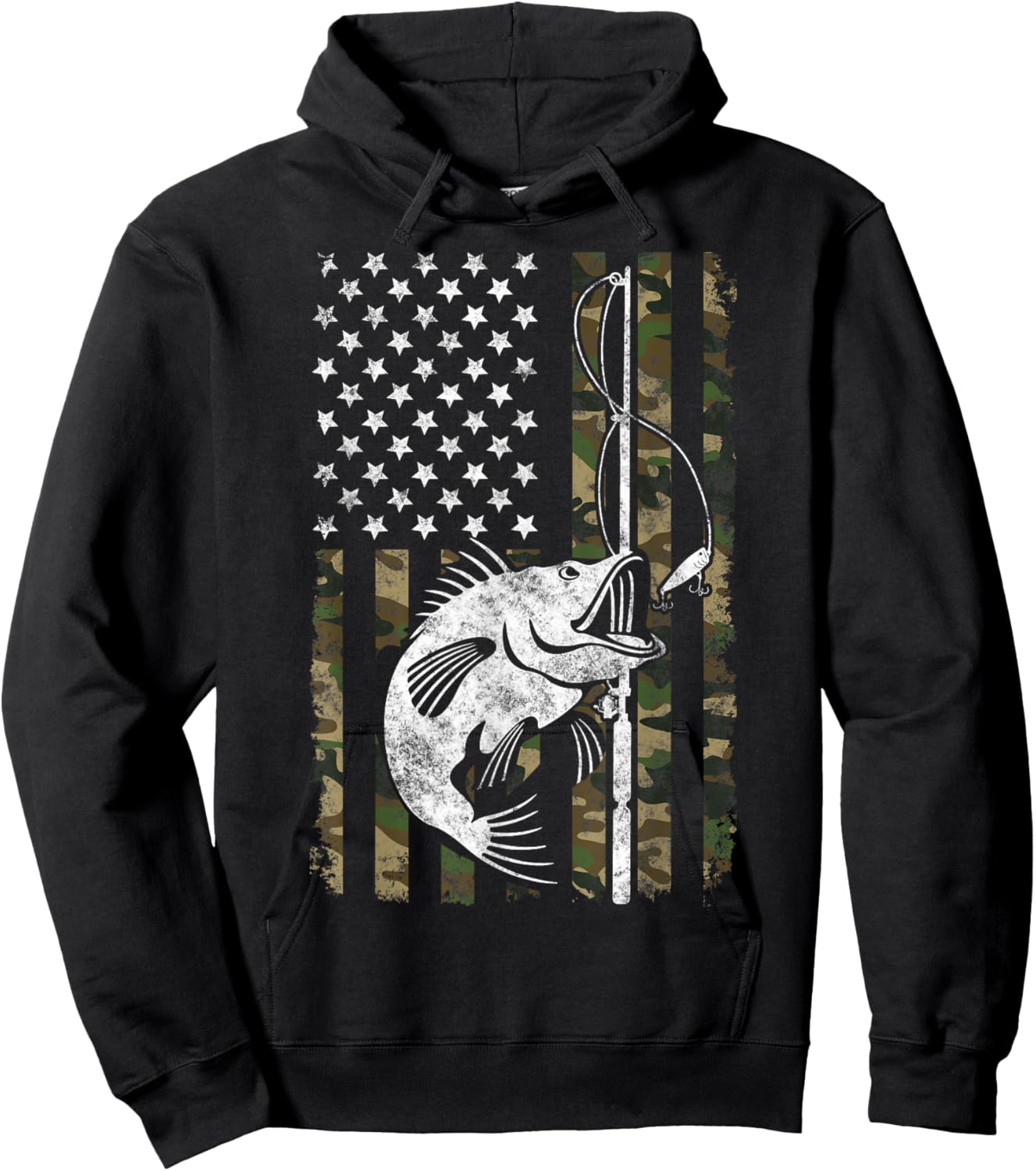 Camouflage American Flag Bass Fishing Gift Fisherman Hoodie - Hoodie | Black