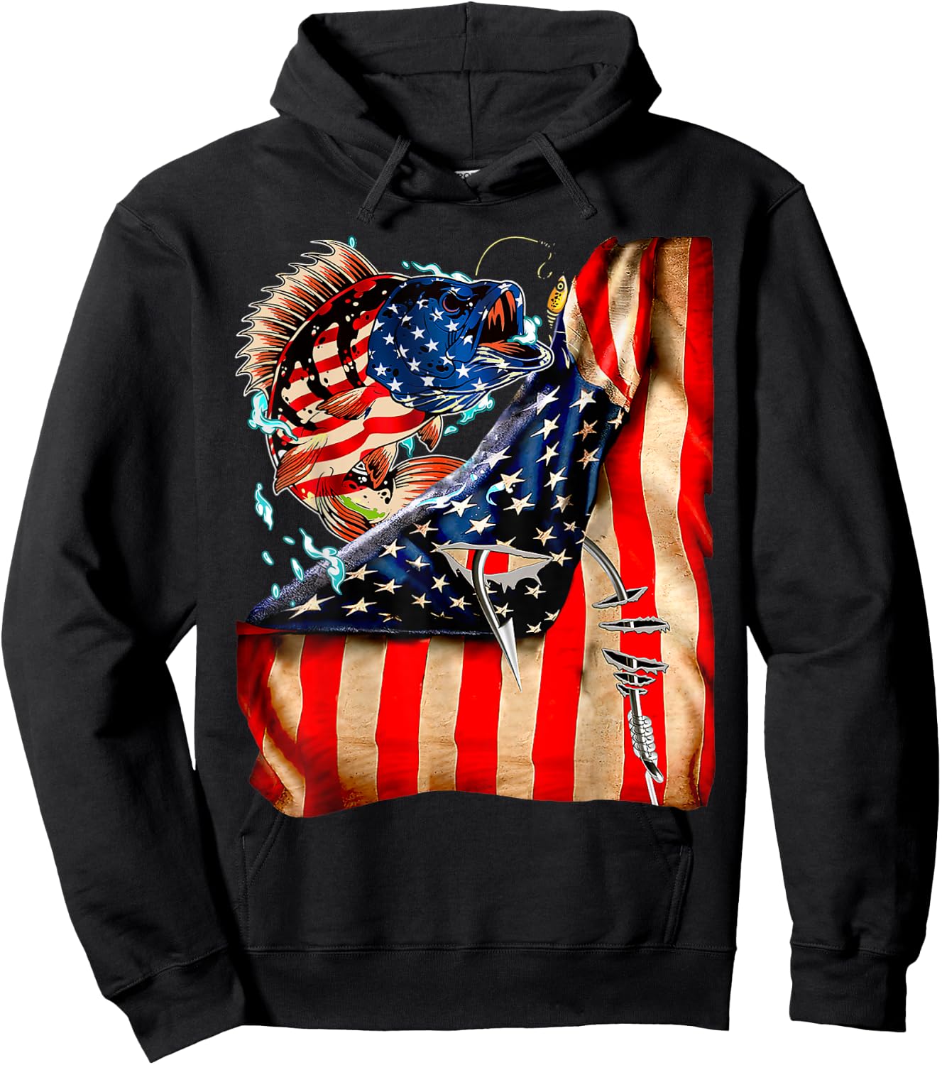 FUNNY 4th of JULY FISHING Fish American Flag ON BACK 98 Hoodie - Hoodie | Black