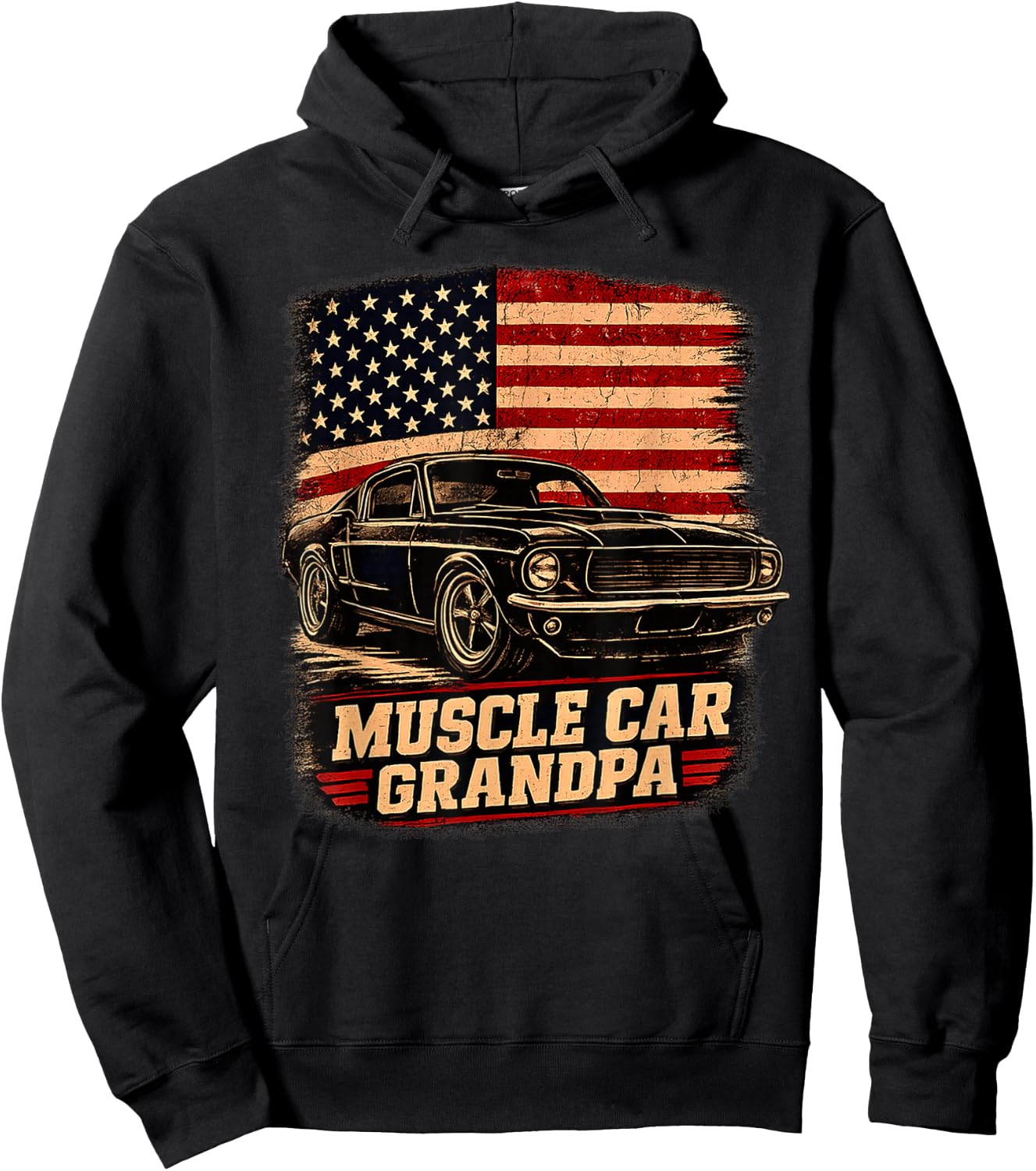 Muscle Car Grandpa Classic Car Vintage USA Flag Patriotic Hoodie - Hoodie | Black