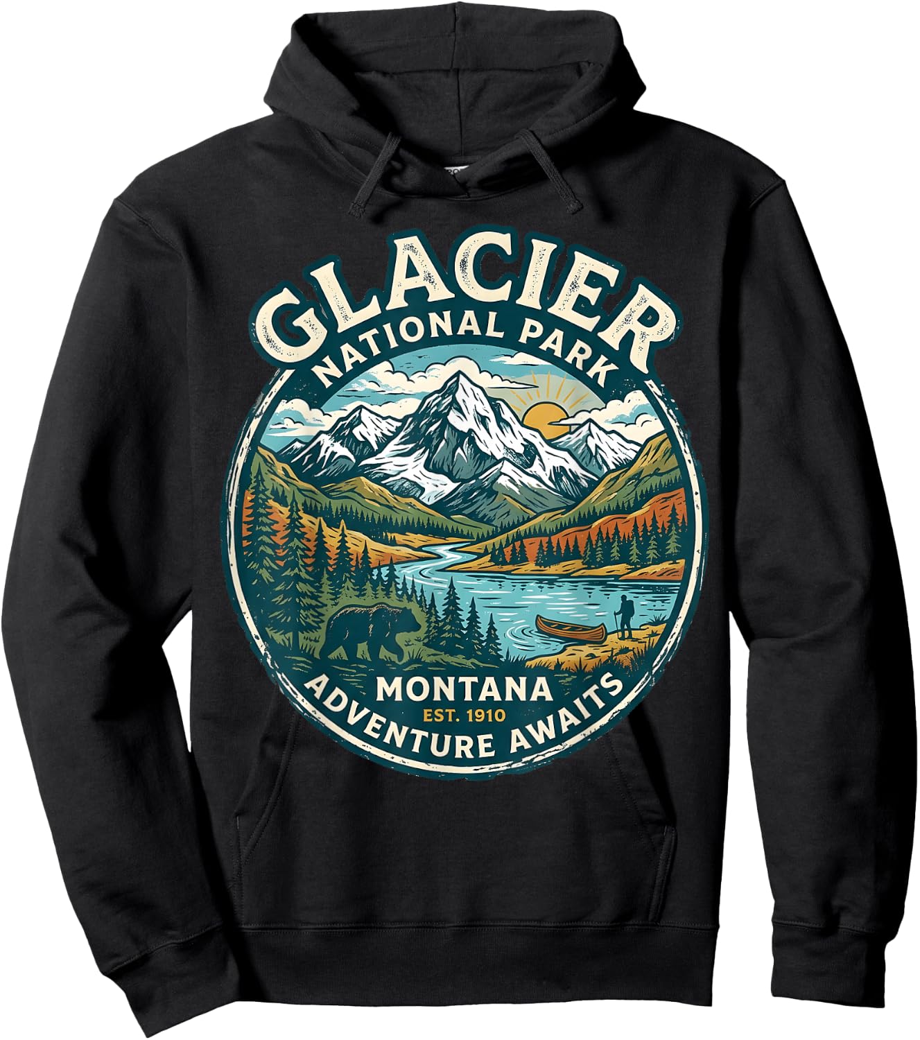 Glacier National Park Montana Retro Nature Adventure Badge Hoodie - Hoodie | Black