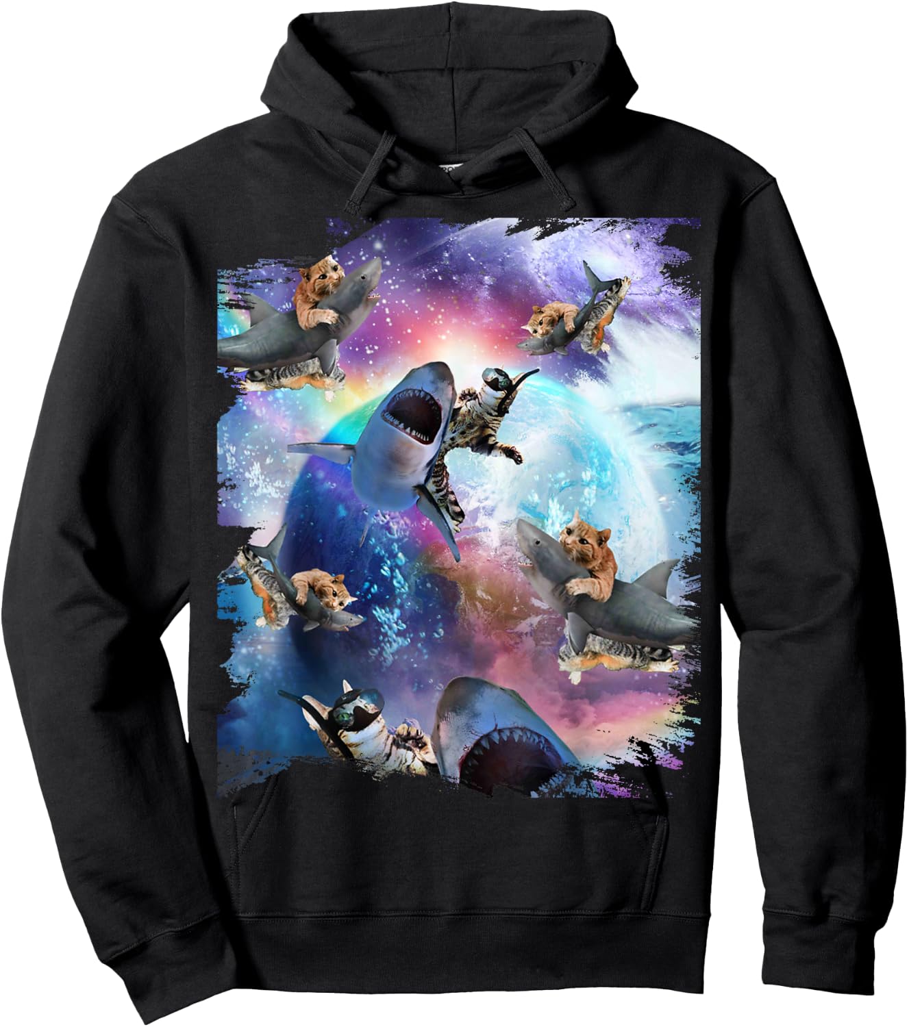 Space Cat Riding Shark Galaxy Rainbow Cats on Sharks Women Kids Hoodie - Hoodie | Black