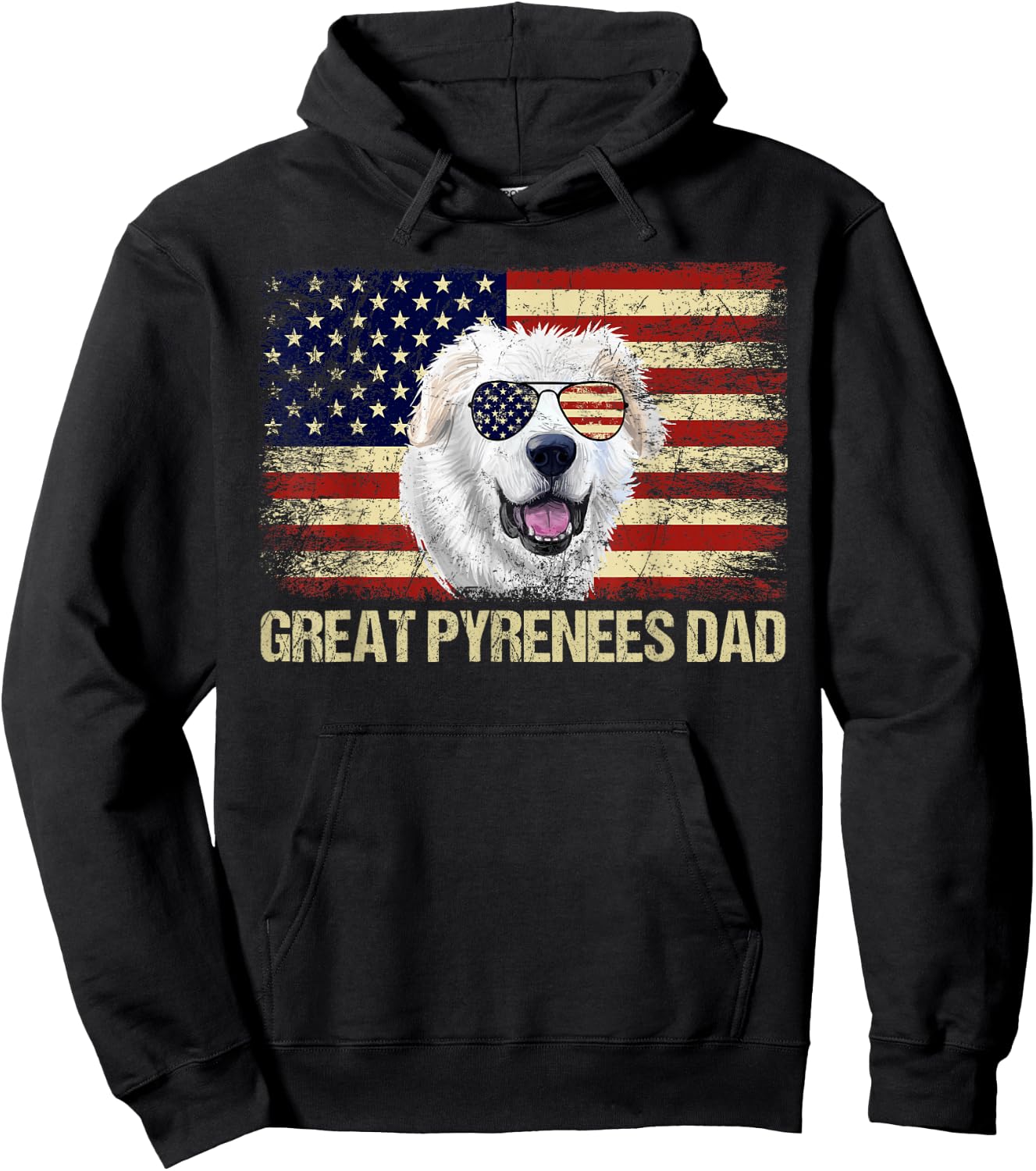Vintage Great Pyrenees Dad American Flag USA 4th Of July Women Men Hoodie - Hoodie | Black