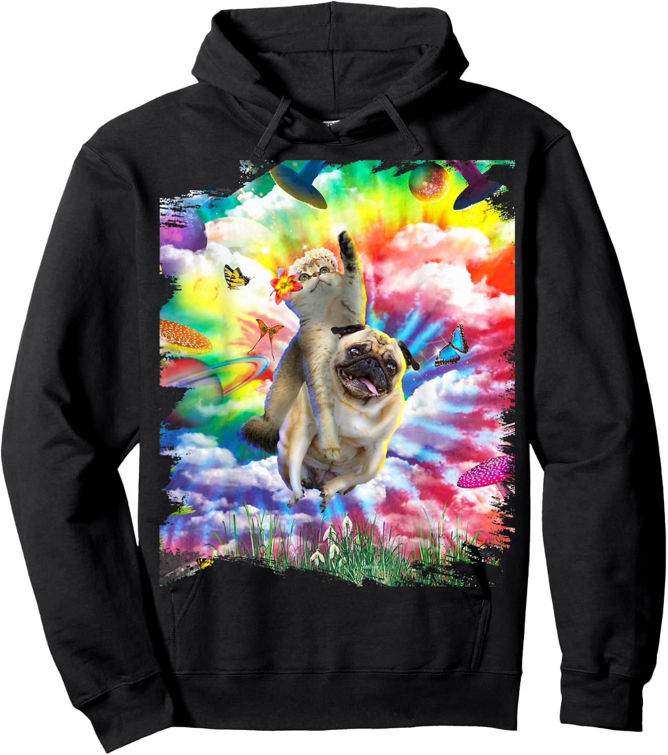 Cat Riding Pug Dog Trippy Tie Dye Men Women Girls Kids Hoodie - Hoodie | Black