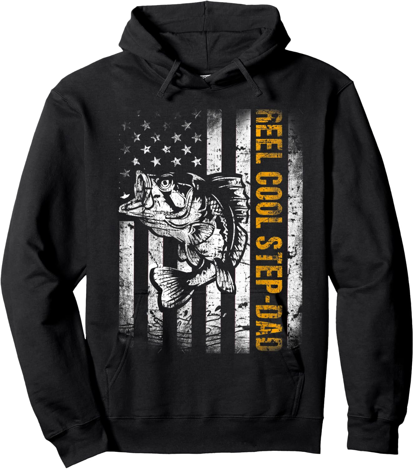 Reel Cool Step-Dad American Flag Fishing Fathers Day Hoodie - Hoodie | Black