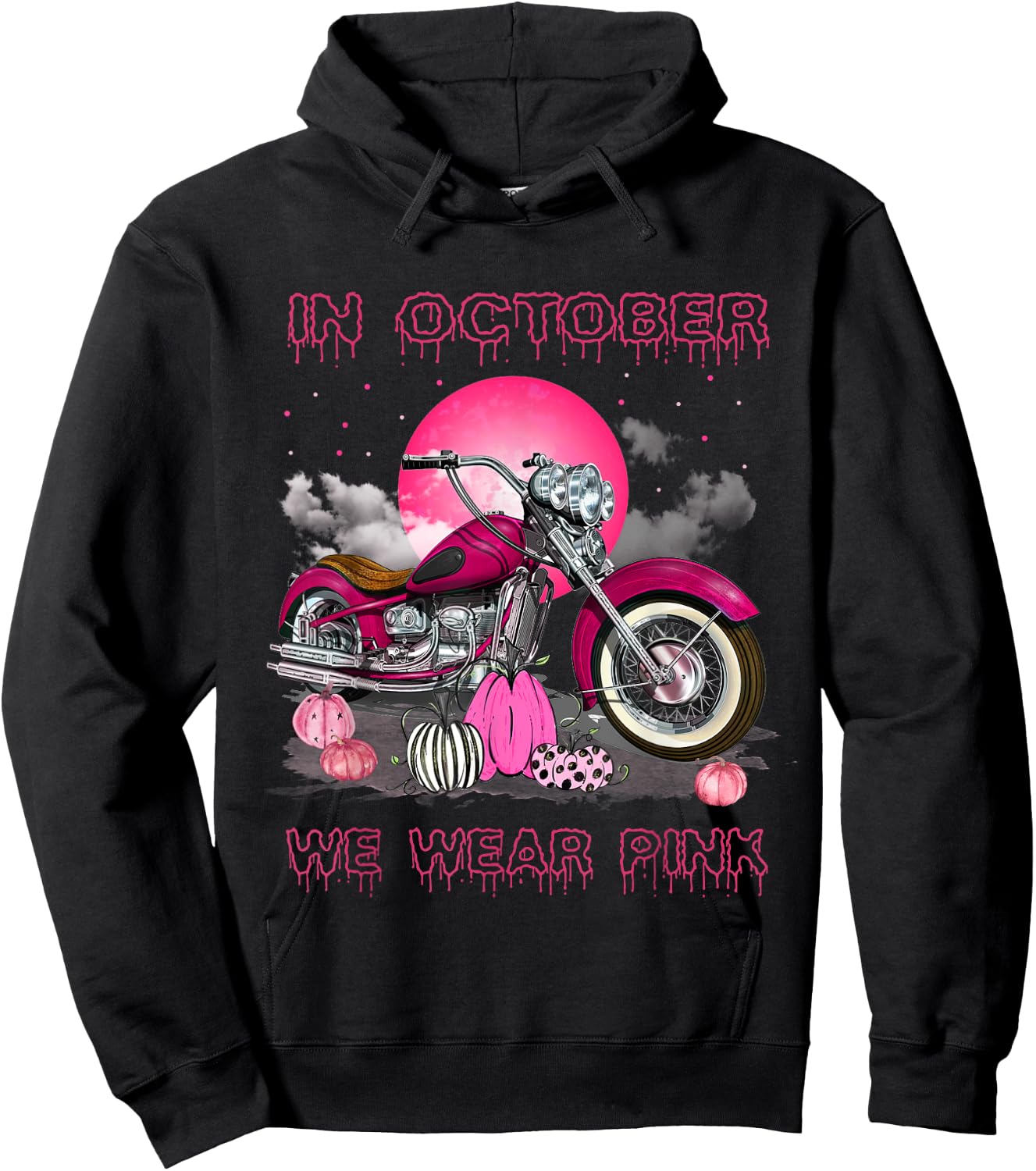 In October We Wear Pink Motorcycle Breast Cancer Bikers Hoodie - Hoodie | Black