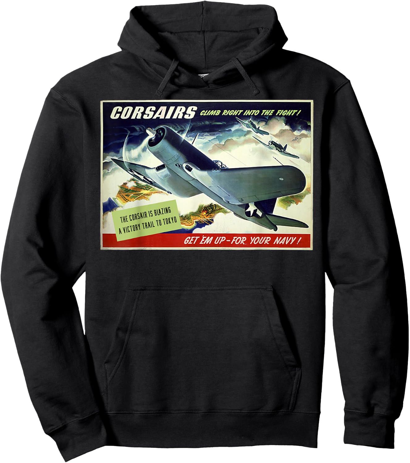 F4U Corsair US Warplane War Propaganda WW2 Poster Air Force Hoodie - Hoodie | Black