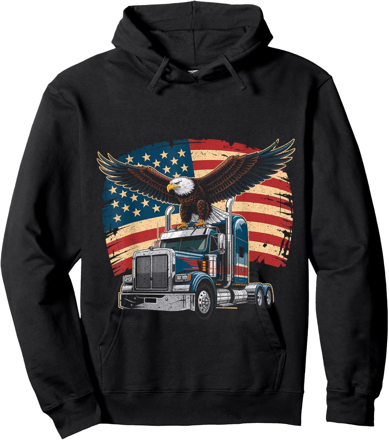 Trucker Patriotic American Flag Semi Truck Driver Eagle Hoodie - Hoodie | Black