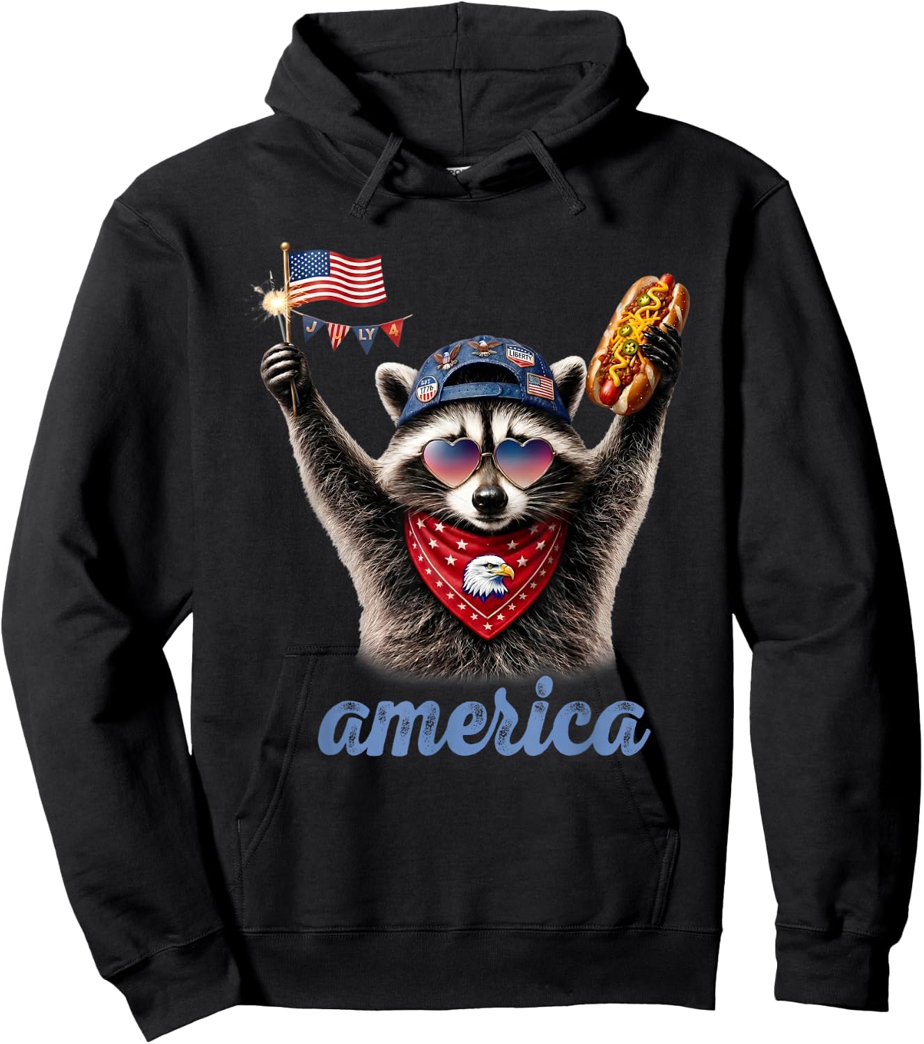 America Meme Raccoon Hot Dog 250 Years 1776 2026 4th of July Hoodie - Hoodie | Black