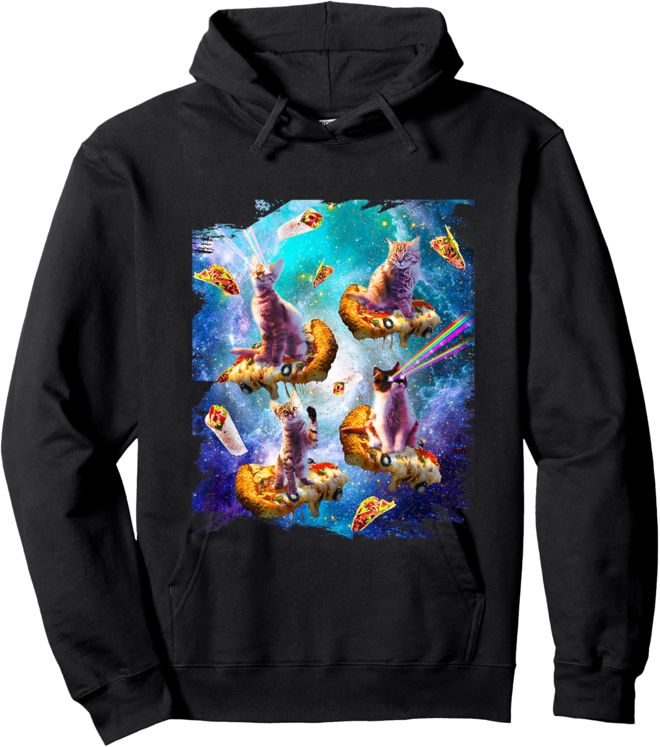 Space cats with rainbow laser eyes riding pizza Hoodie - Hoodie | Black