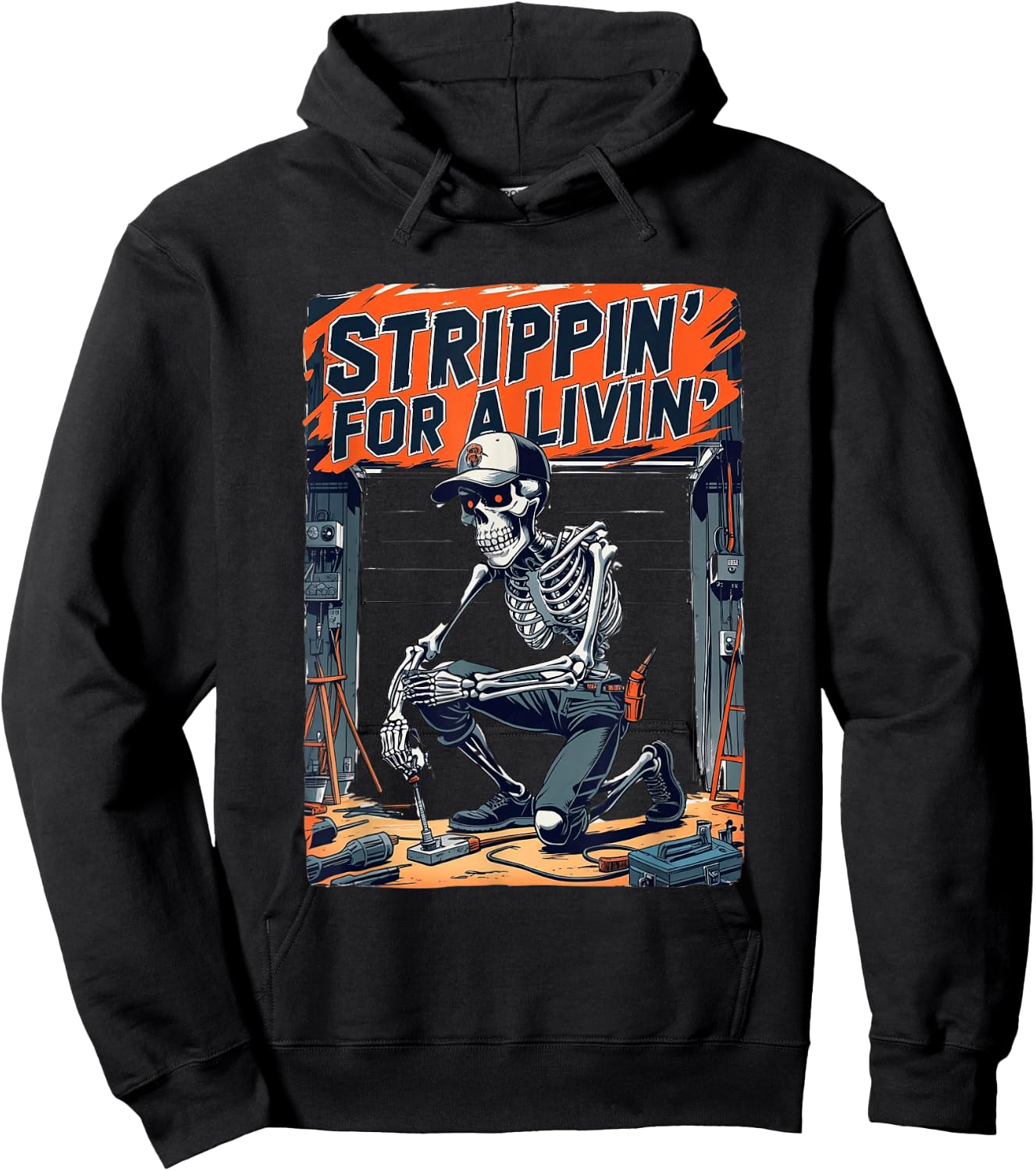 Strippin’ For A Livin’ Funny Skeleton Electrician Humor Hoodie - Hoodie | Black