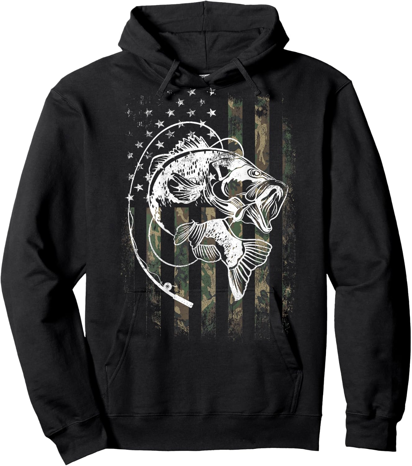 Bass Fish Fishing Camouflage Flag Funny Fisherman (on back) Hoodie - Hoodie | Black