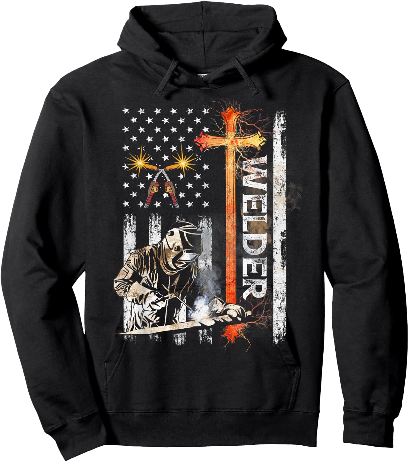 Welder American Flag Welding Faith Cross Christian Hoodie - Hoodie | Black