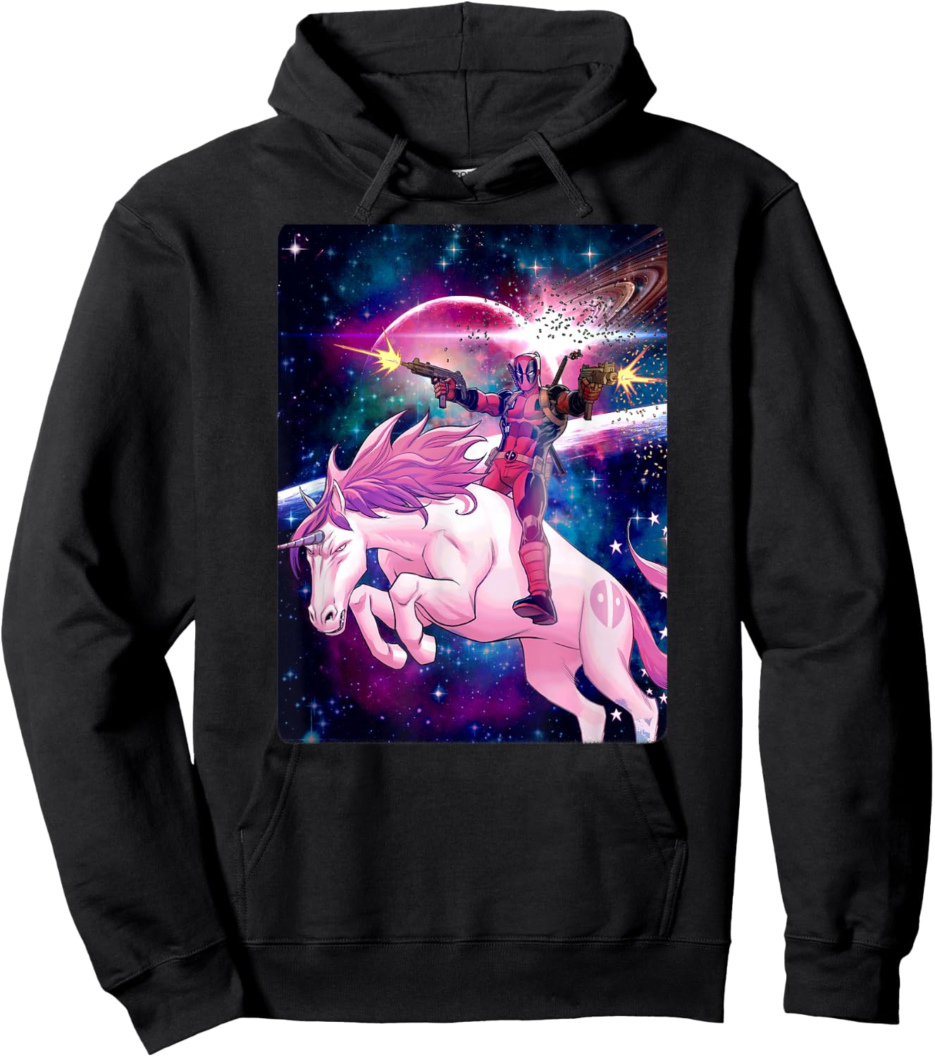 Marvel Deadpool in Space Unicorn Saddles Ablaze Hoodie - Hoodie | Black