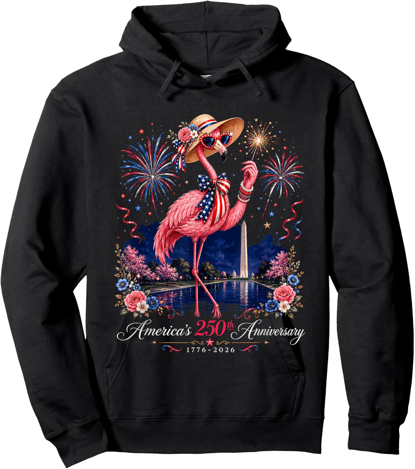 Patriotic Pink Flamingo Reflecting Pool 250 Years Hoodie - Hoodie | Black
