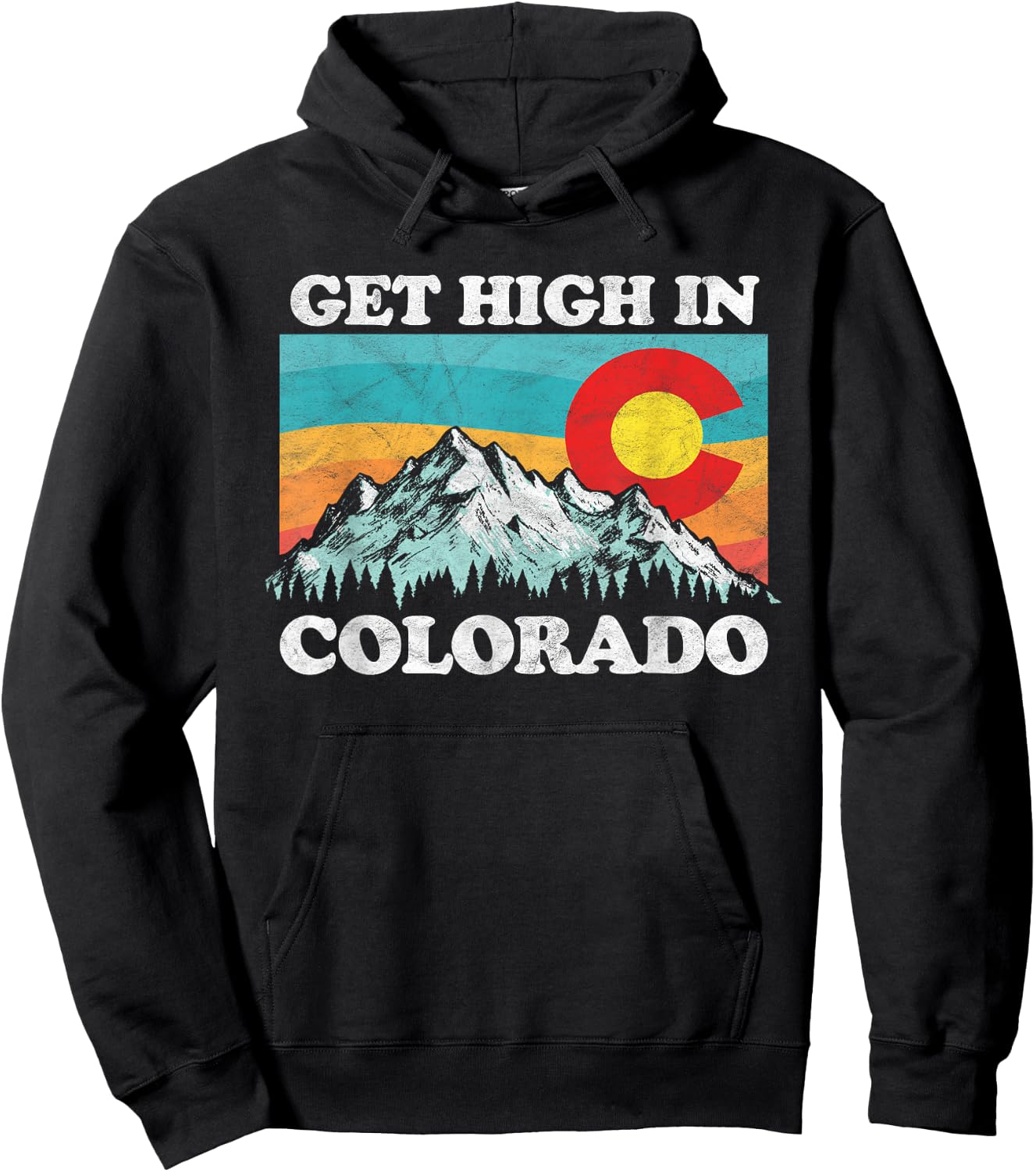 Get High in Colorado Retro State Flag Mountains Graphic Hoodie - Hoodie | Black