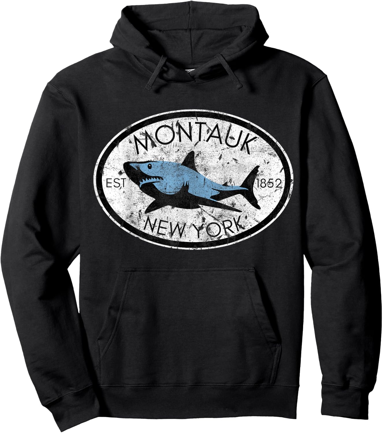 Montauk New York Fishing Shark Fish Beach Boating NY Vintage Men Women Kids Hoodie - Hoodie | Black