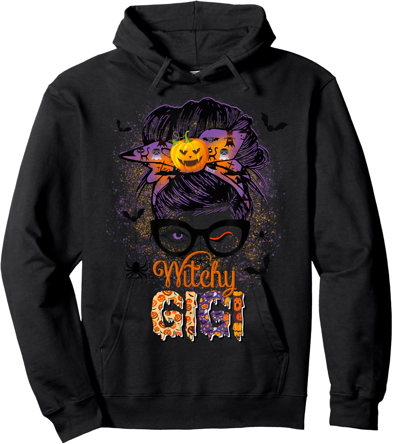 Witchy Gigi Messy Bun Spooky Witch Pumpkin Halloween Hoodie - Hoodie | Black