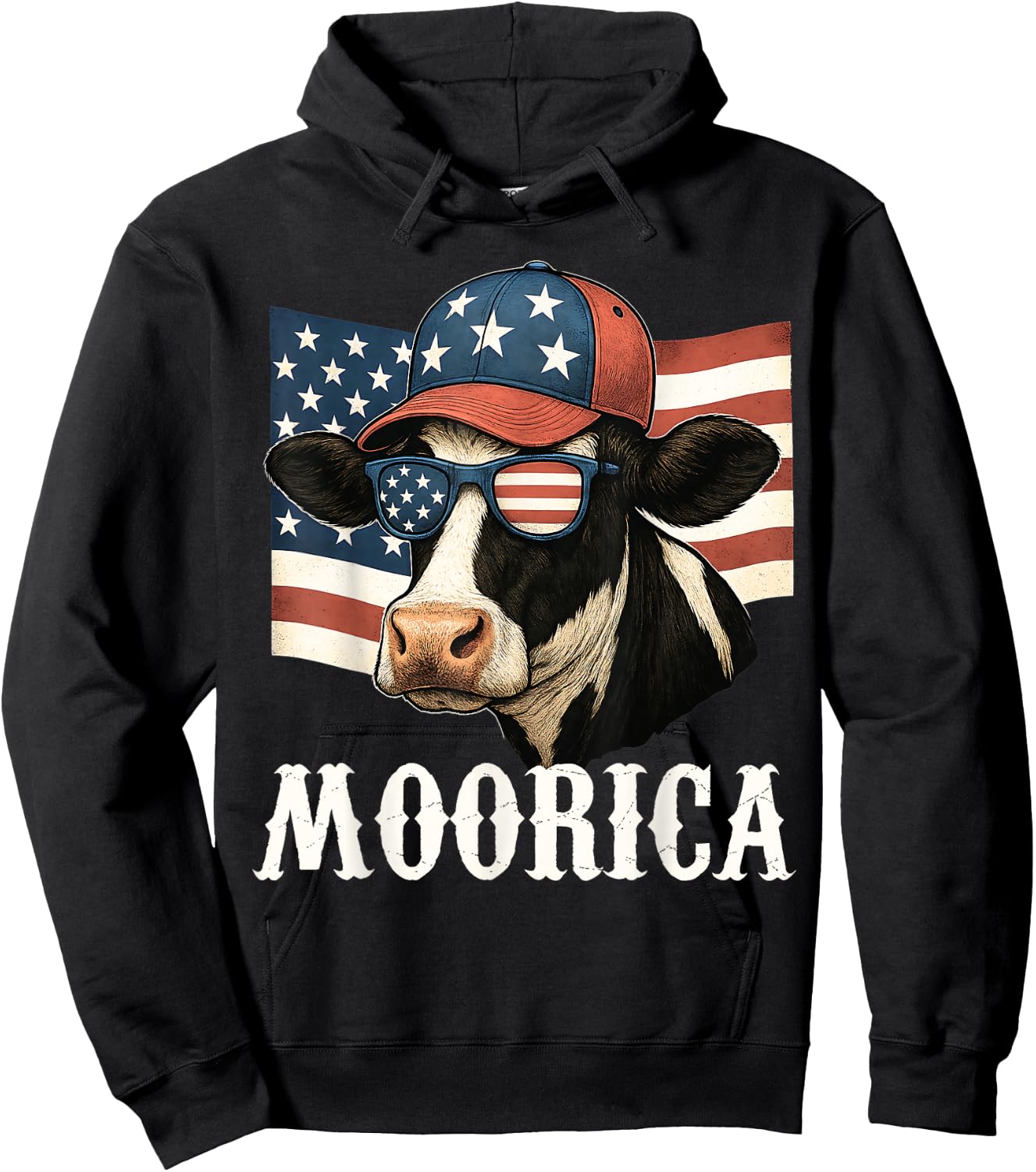 Funny Moorica 4th Of July Patriotic Cow USA Flag Farmer Hoodie - Hoodie | Black
