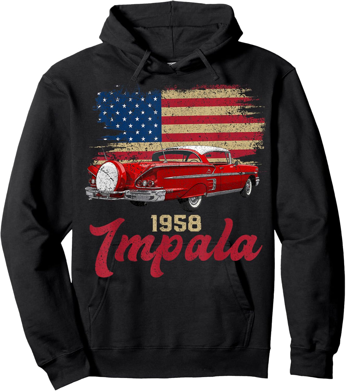1958 58 Impala Old School Muscle Car American Flag Hoodie - Hoodie | Black