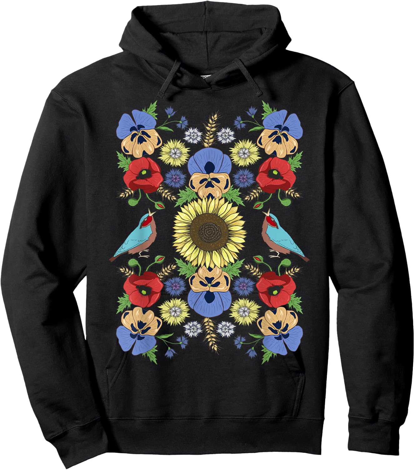 Ukraine Birds Sunflower Cute Floral Ukrainian Vyshyvanka Hoodie - Hoodie | Black