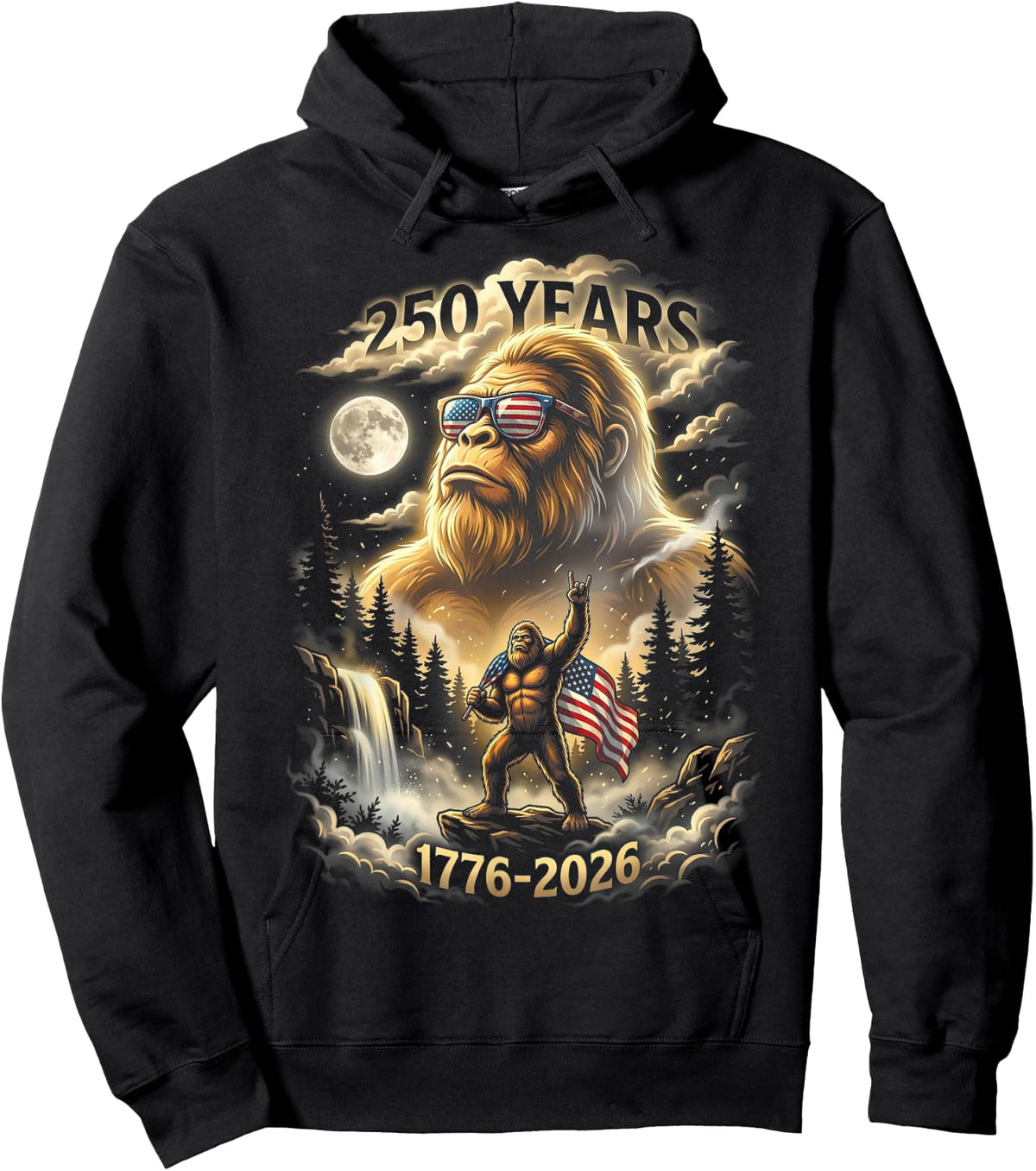 250 Years Bigfoot Howling Moon American Flag Hoodie - Hoodie | Black