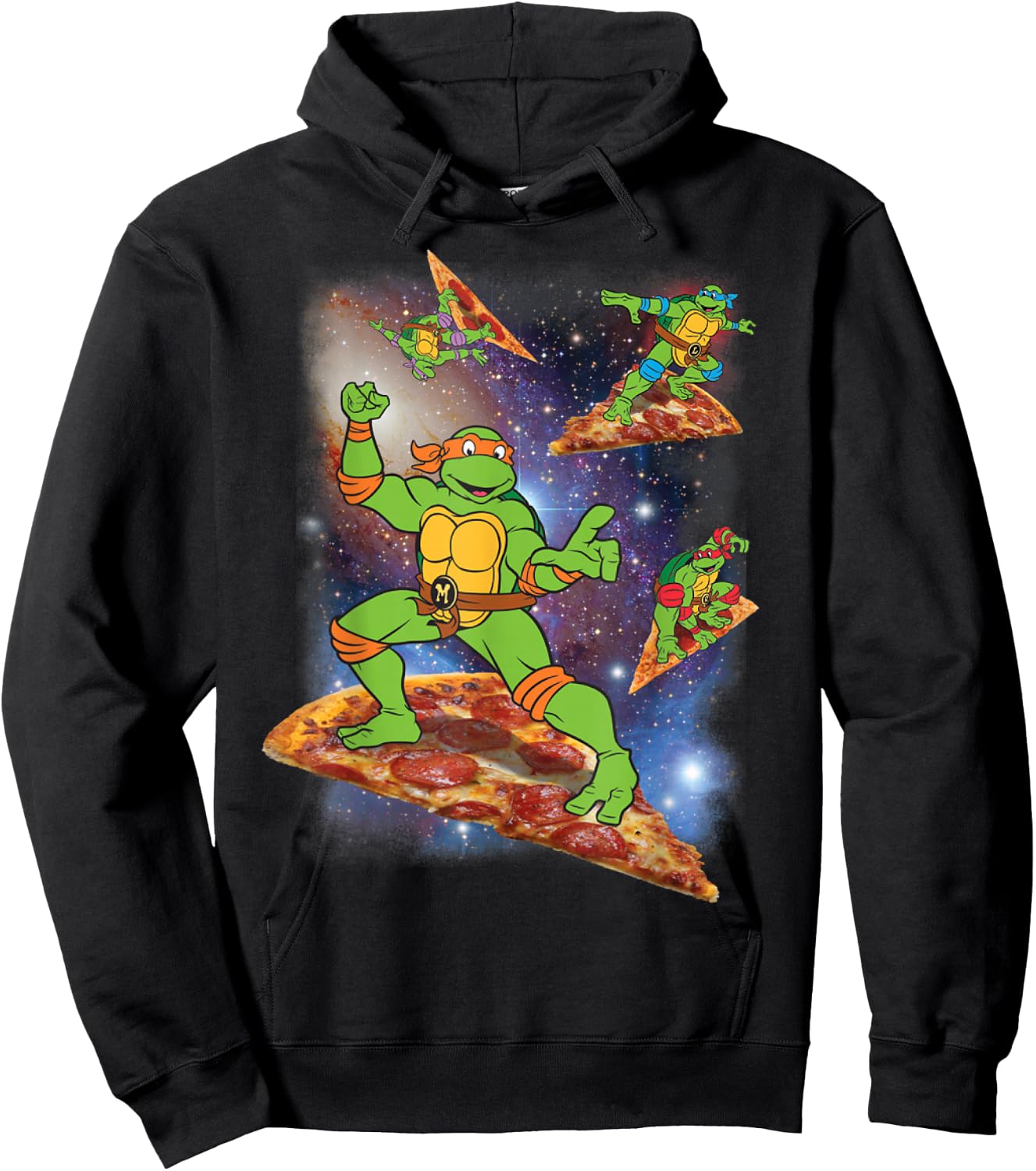 TMNT Michelangelo Riding A Pizza in Space Hoodie - Hoodie | Black