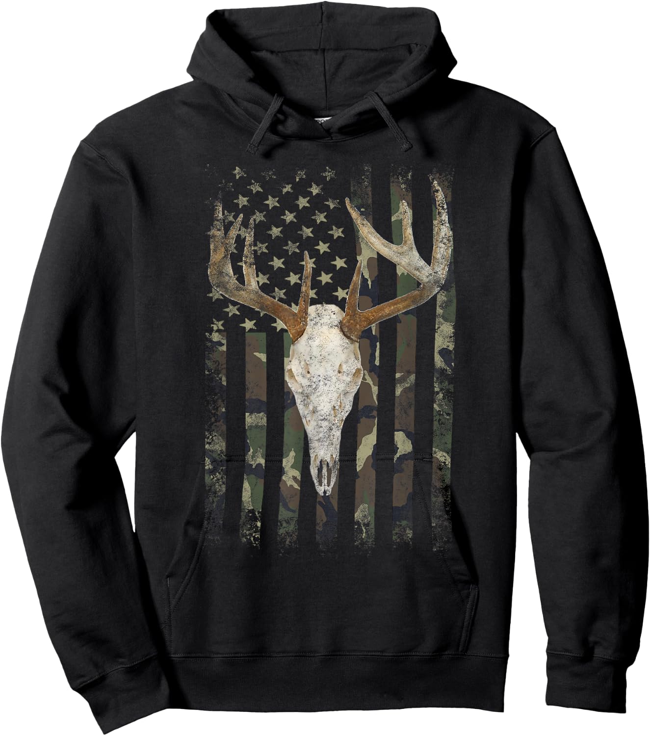 Deer Hunting Skull American Camo USA Flag Whitetail Buck Hoodie - Hoodie | Black