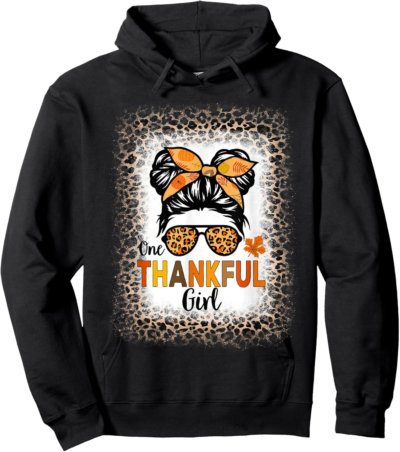 One Thankful Girl Thanksgiving Messy Bun Leopard Bleached Hoodie - Hoodie | Black