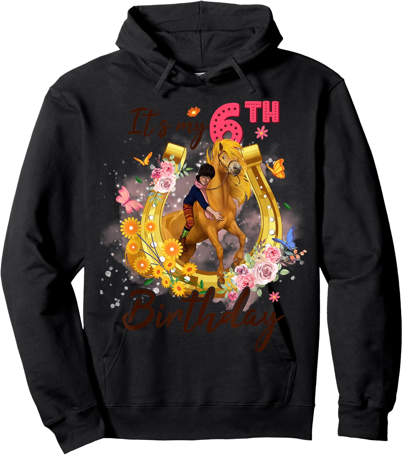 Kids Six Year Old 6th Birthday Girl Who Loves Horses Riding Hoodie - Hoodie | Black