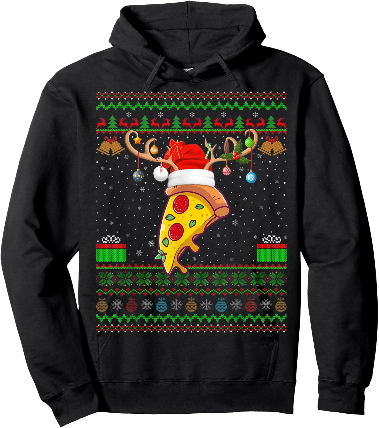 Pizza Lover Xmas Lighting Santa Ugly Pizza Christmas Hoodie - Hoodie | Black