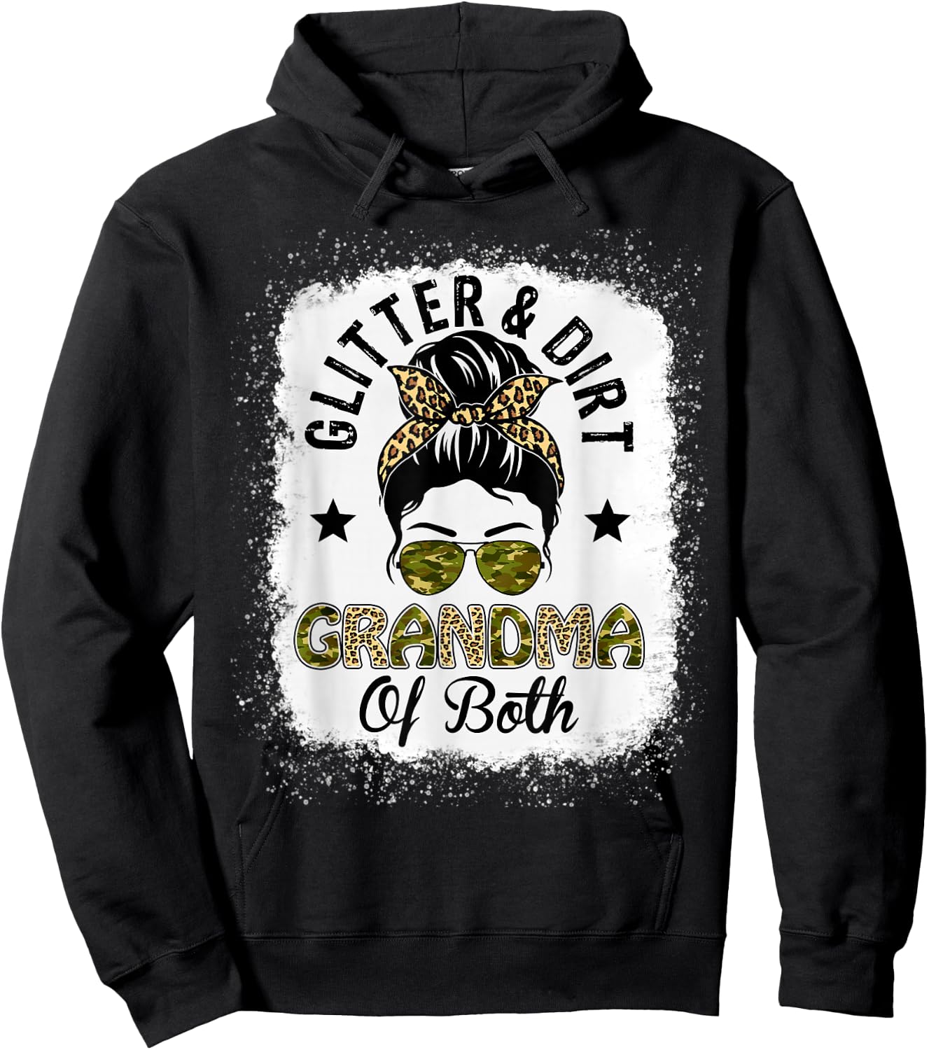 Grandma Of Both Messy Bun Leopard Camo Bleached Mother's Day Hoodie - Hoodie | Black