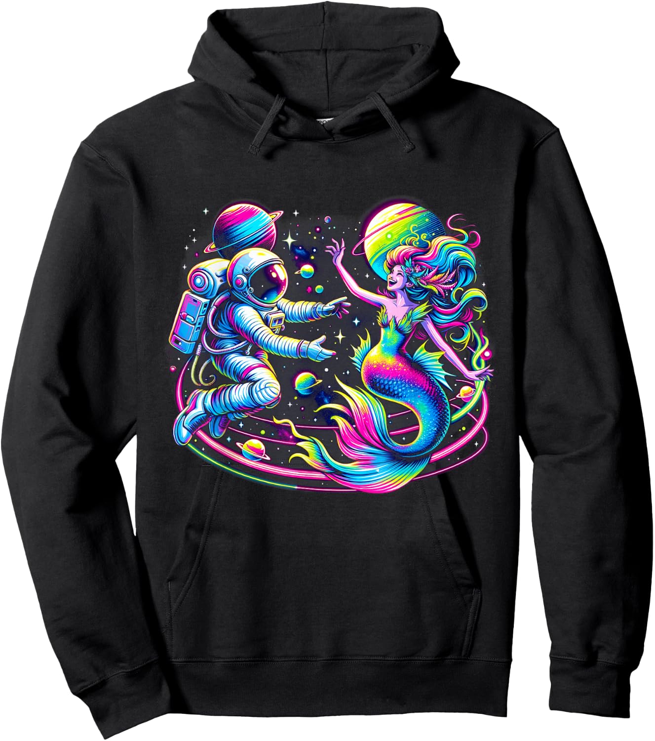 Cosmic Encounter - Astronaut Meets Space Mermaid Psychedelic Hoodie - Hoodie | Black