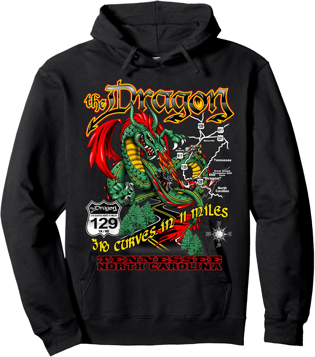 The Dragon 129 TN and NC USA 318 Curves 11 Miles Hoodie - Hoodie | Black