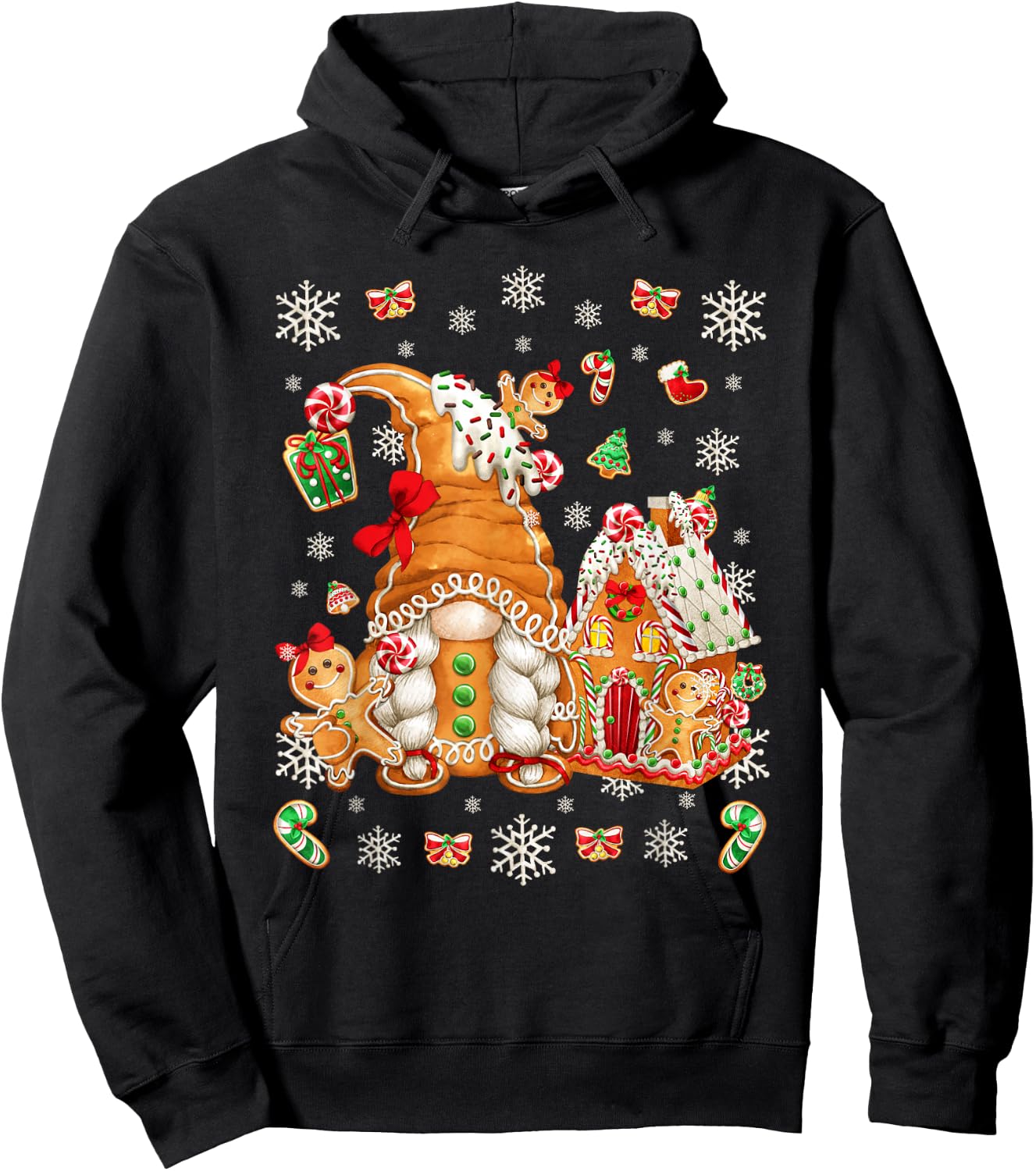 Cute Gingerbread House Decor with Christmas Gnome Hoodie - Hoodie | Black
